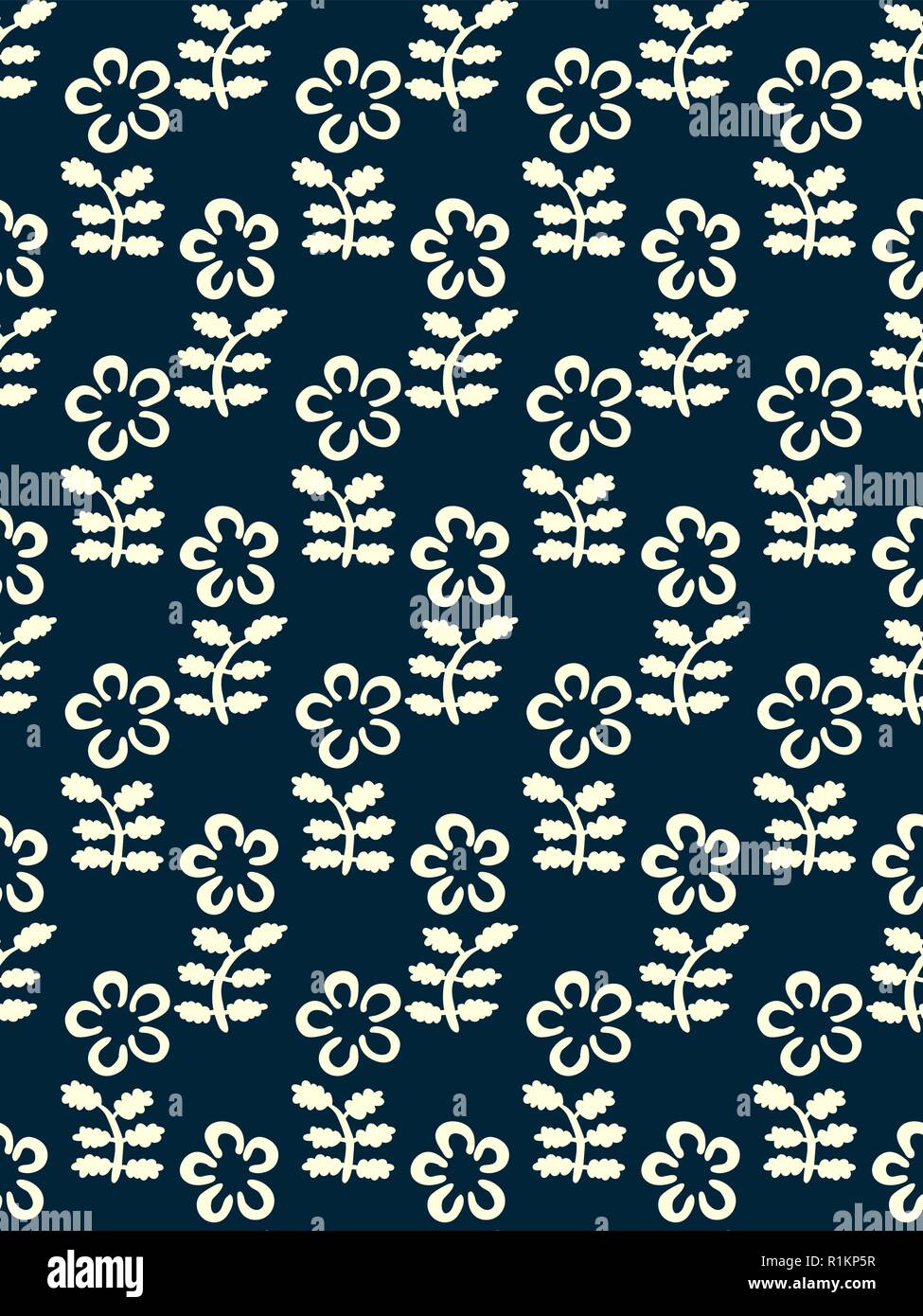 Indigo Holzschnitt gedruckt Nahtlose floralen Muster. Vektor ethnischen Ornament, traditionelle russische Motiv mit Blumen, navy blue auf ecru Hintergrund. Texti Stock Vektor