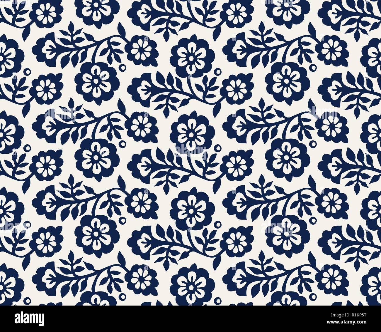 Nahtlose indigo Holzschnitt bedruckt im floralen Muster. Vektor ethnischen Ornament, traditionelle russische Motiv mit Blüten, navy blue auf ecru Hintergrund. Stock Vektor