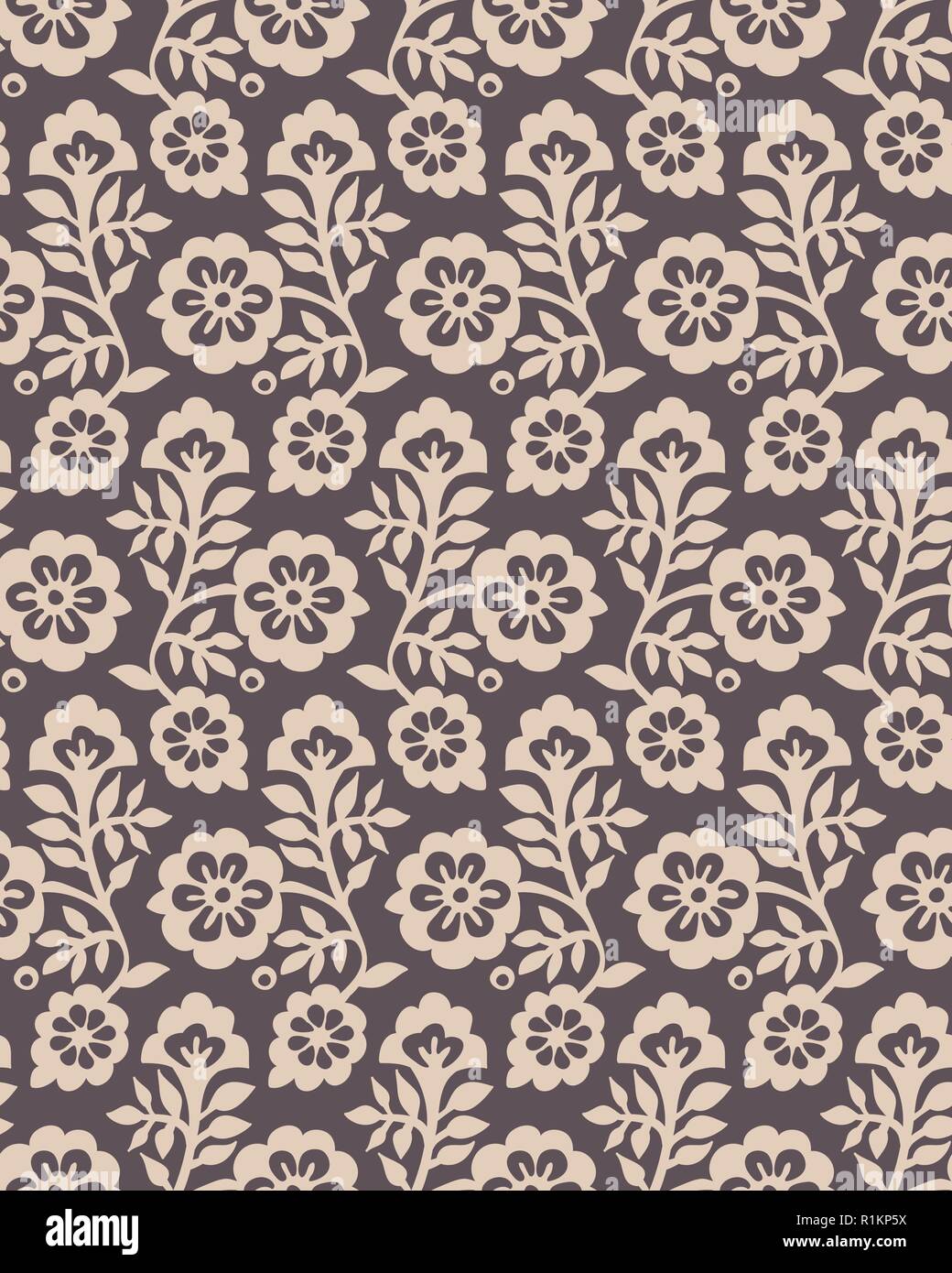 Nahtlose Holzschnitt bedruckt im floralen Muster. Vektor ethnischen Ornament, traditionelle russische Motiv mit Blüten, ecru auf taupe Hintergrund. Textildruck. Stock Vektor