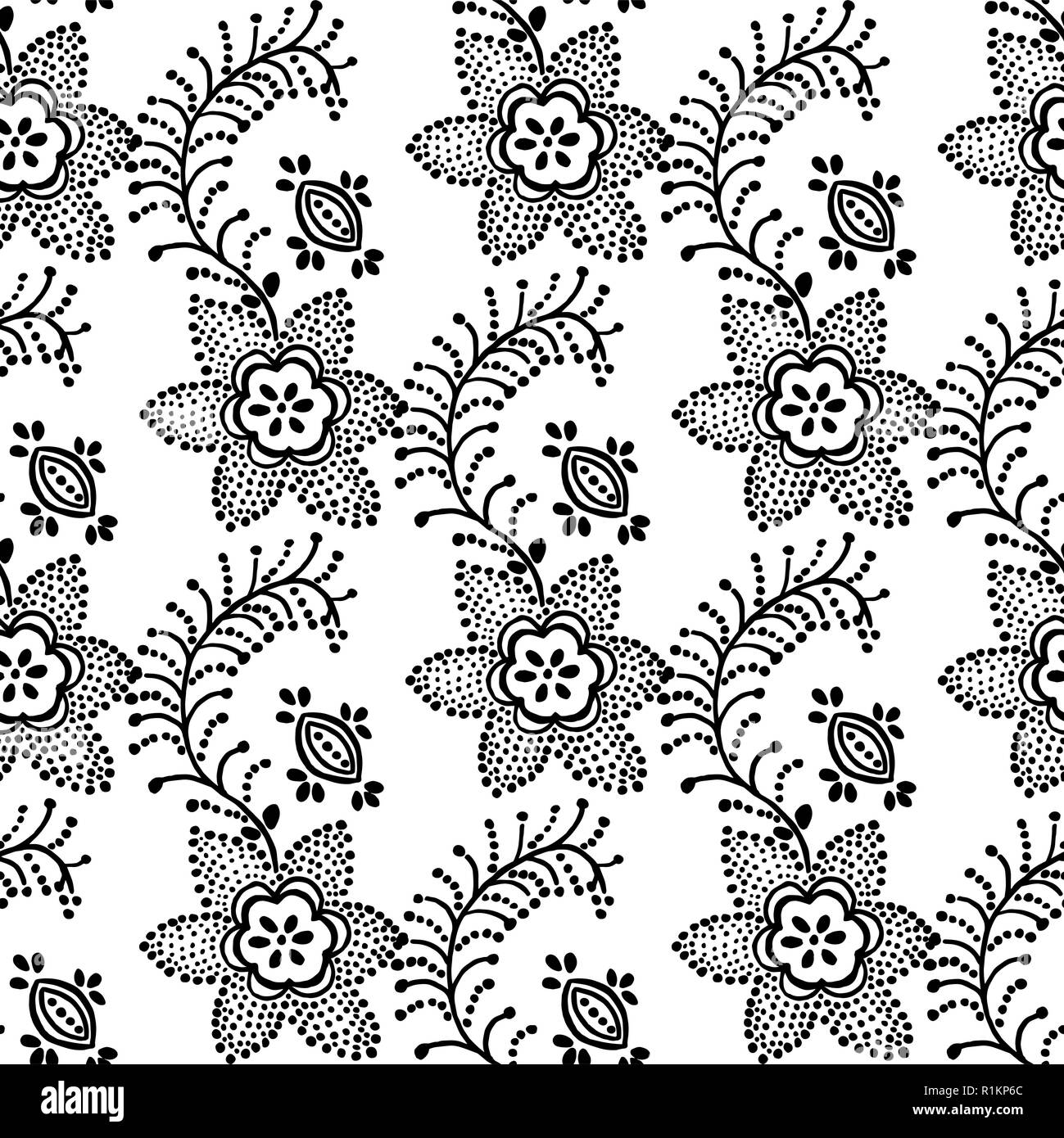 Traditionelle nahtlose Block gedruckt Ornament, handgemachte Russische Motiv mit schwarzen Blumen auf weißem Hintergrund. Textile Design. Stock Vektor
