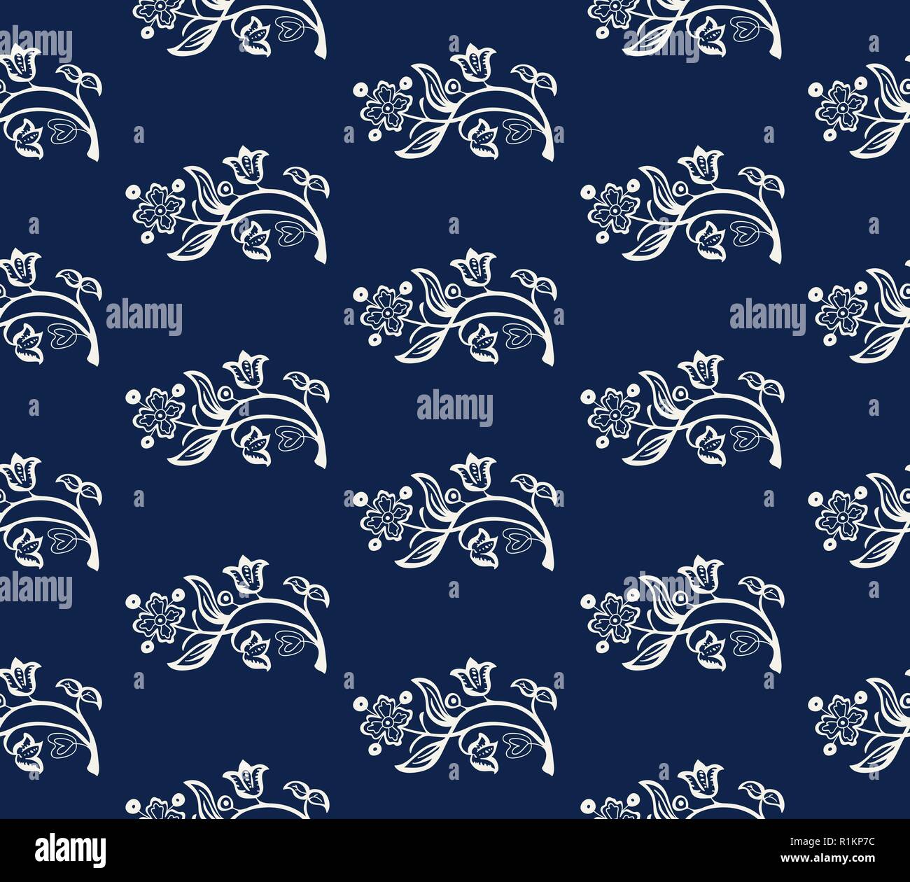 Nahtlose indigo dye Holzschnitt gedruckt in floralen Muster. Vektor Ornament, traditionelle russische Motiv mit Garten Blumen, ecru auf Marineblau. Stock Vektor