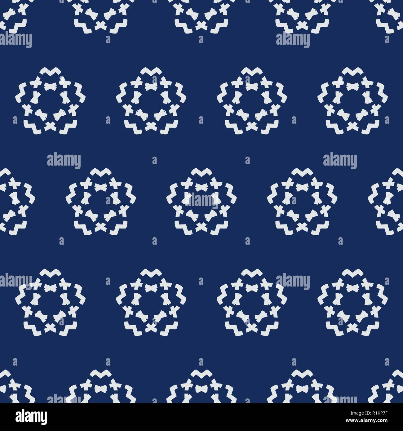 Indigo dye nahtlose Muster, traditionelle Japanische geometrischen Motiv mit Schablone Cherry Blossom. Auf marine blau hintergrund Ecru. Stock Vektor