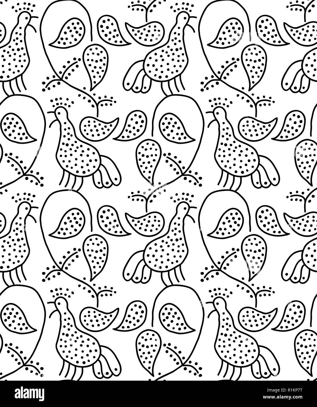 Traditionelle Block gedruckt Ornament. Nahtlose Blumenmuster, handgemachte Russische Volkslieder Motiv mit singenden Vögeln und Weinstock. Schwarz auf weißem Hintergrund. Stock Vektor