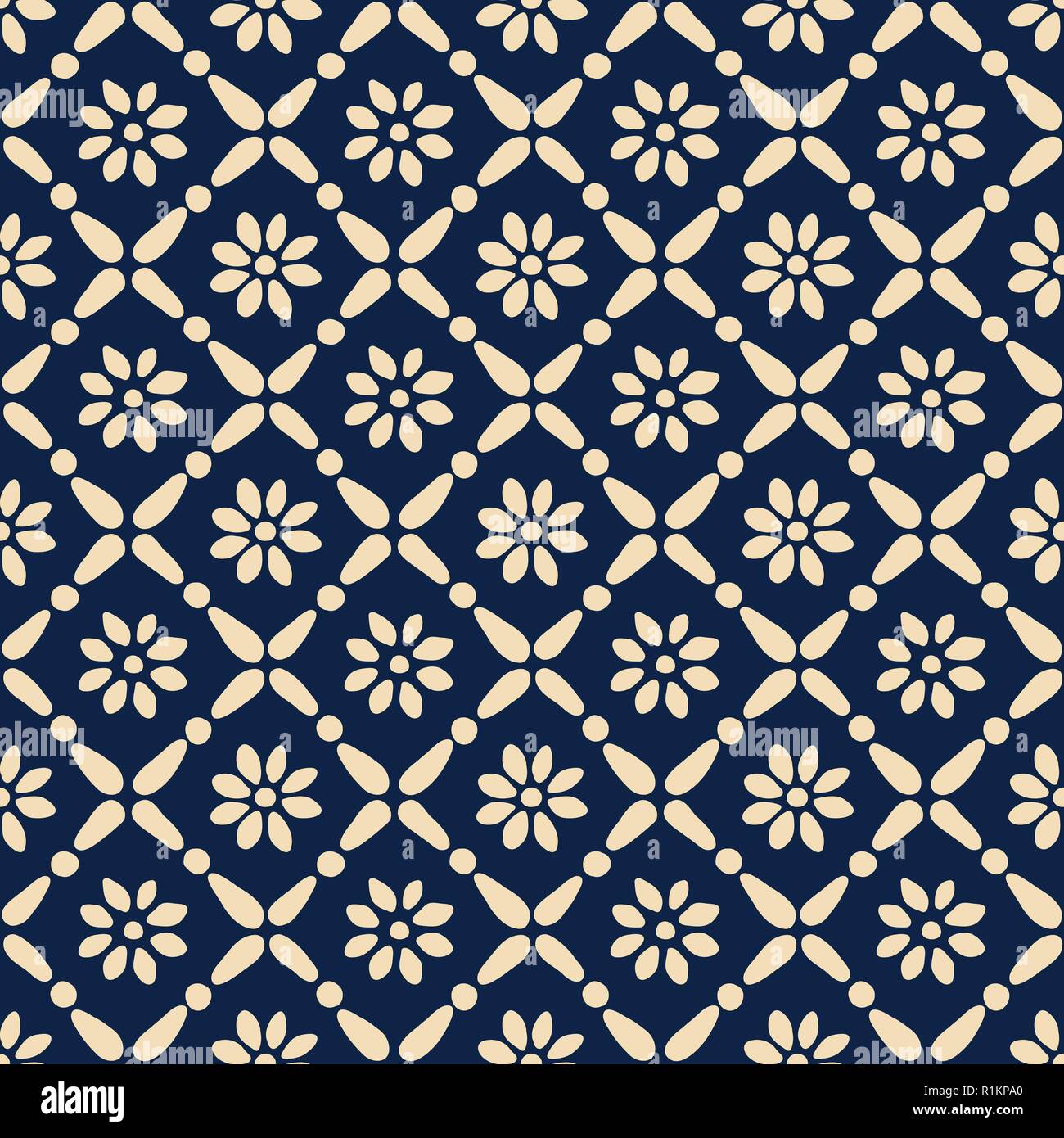 Nahtlose Holzschnitt gedruckte Blaue ethnische Muster. Vektor geometrische floralen Ornament, traditionelle russische Volkslieder Motiv mit Daisy Flowers und Diamond drucken. Stock Vektor