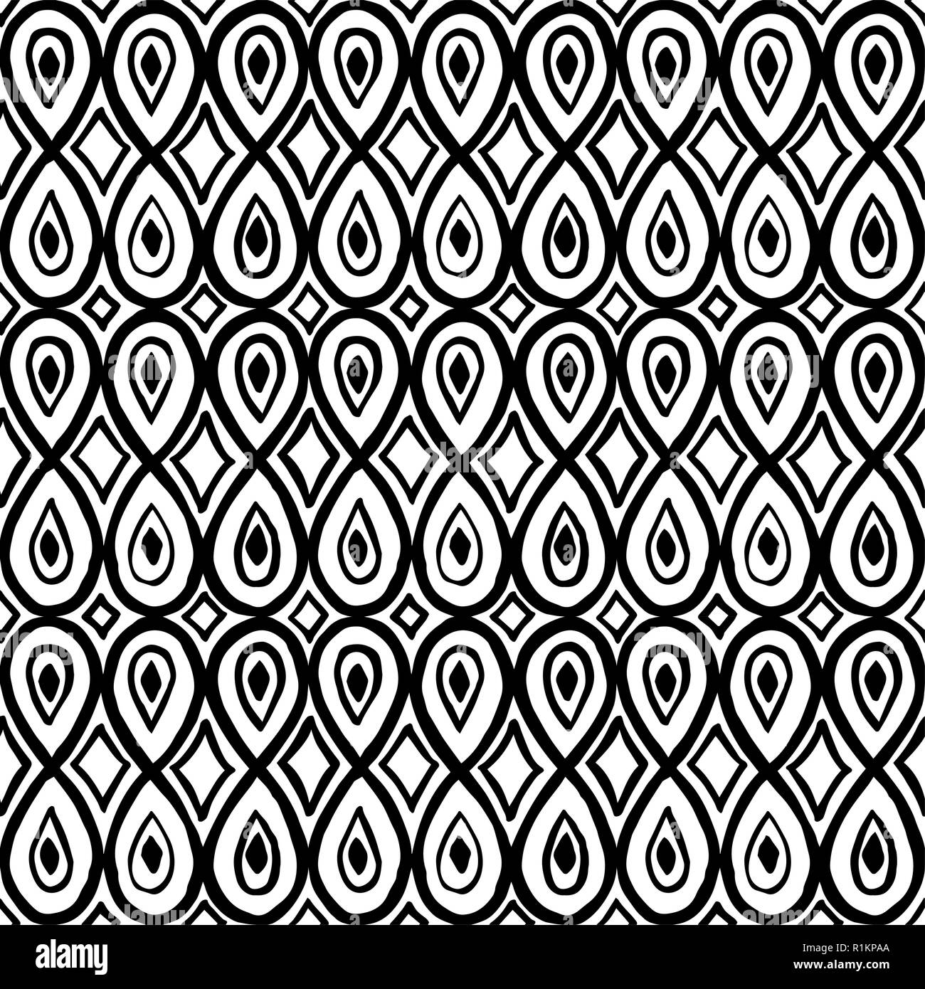 Nahtlose Holzschnitt Ornament, ethnischen Motiv mit teardrop und Rhomben formen. Schwarz auf weißem Hintergrund. Textildruck. Stock Vektor