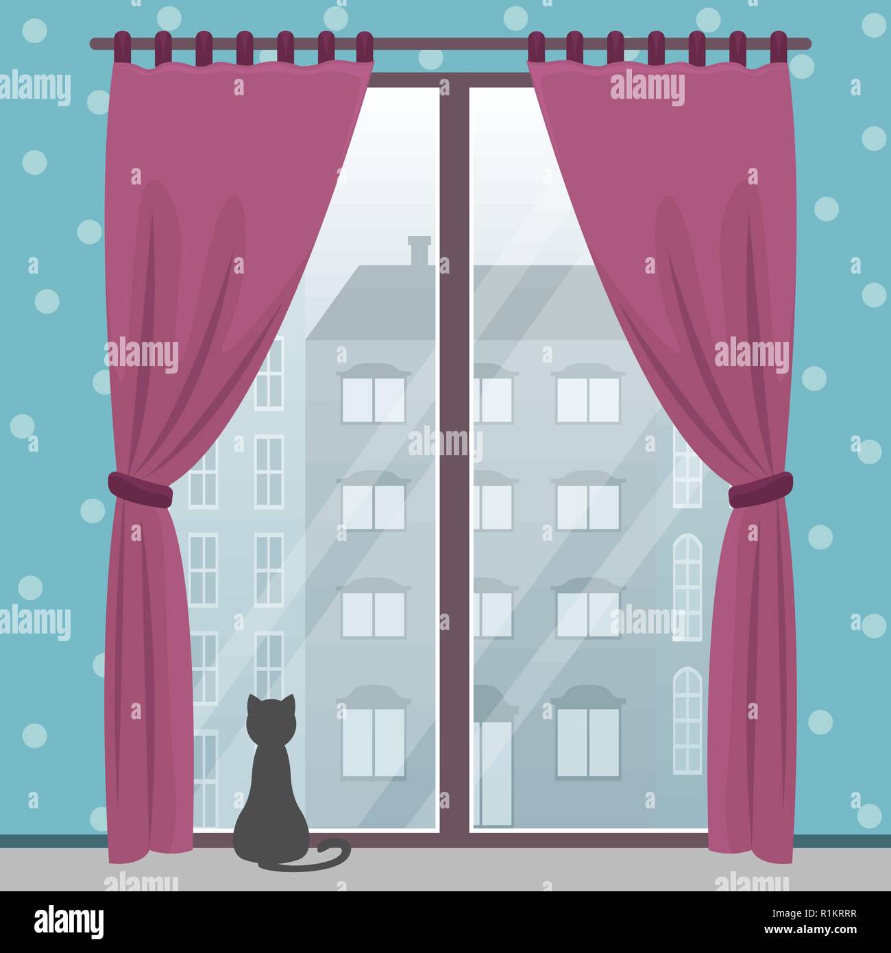 Fenster mit Blick auf die Stadt in einem gemütlichen Zimmer mit einer Katze. Vektor flachbild Abbildung. Stock Vektor