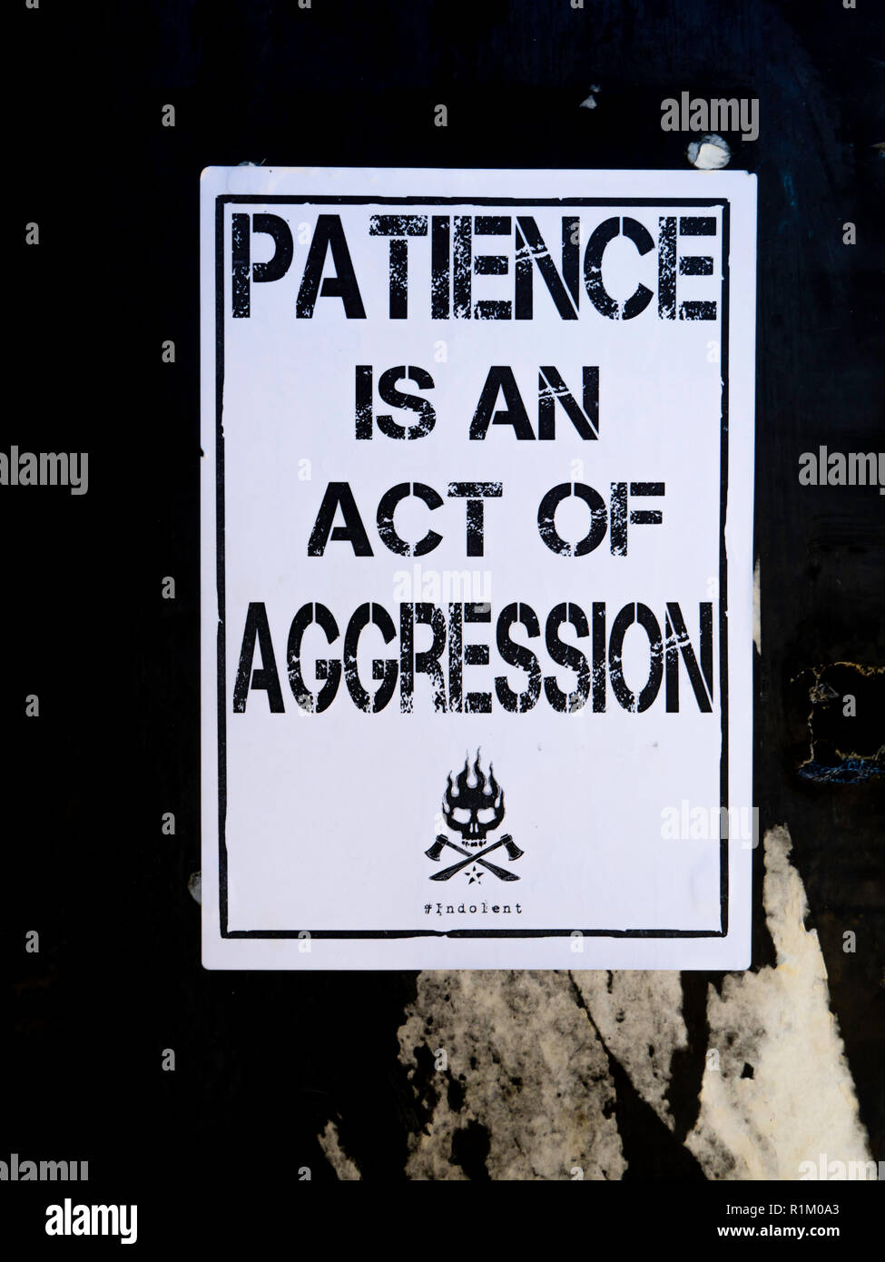 Eine Fliege posted Schild Geduld ist ein Akt der Aggression in Whitby, North Yorkshire UK Stockfoto