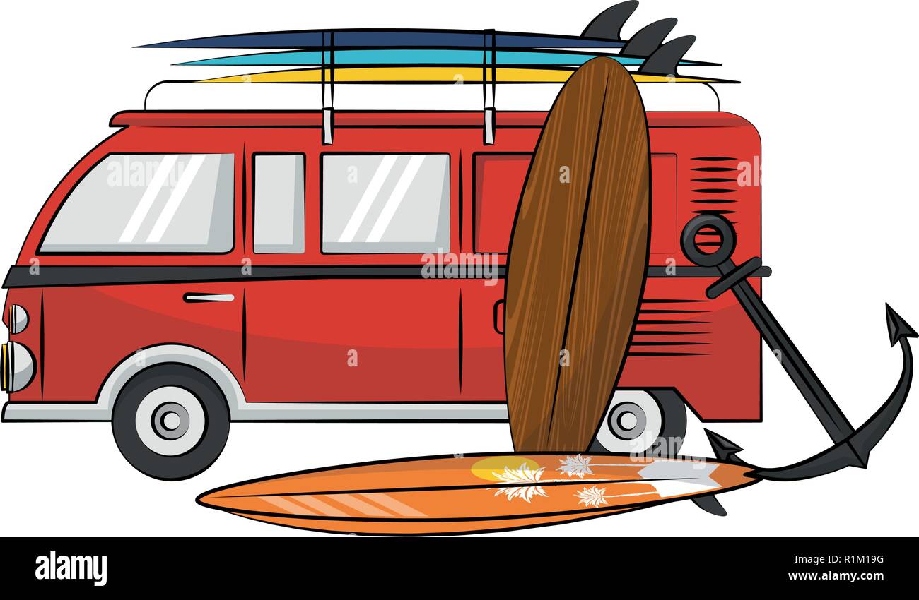 Sommer Strand Oldtimer mit surf Tabellen und Anker cartoons Color Vector Illustration graphic design Stock Vektor
