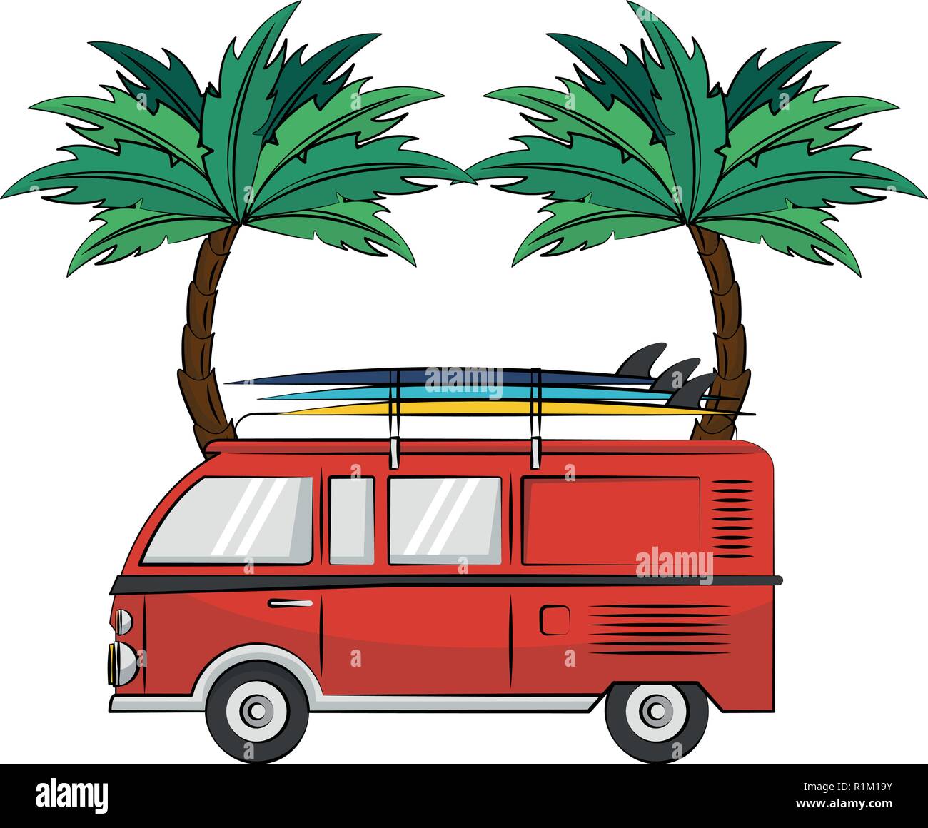 Sommer Oldtimer mit surf Tisch am Strand cartoons Color Vector Illustration graphic design Stock Vektor
