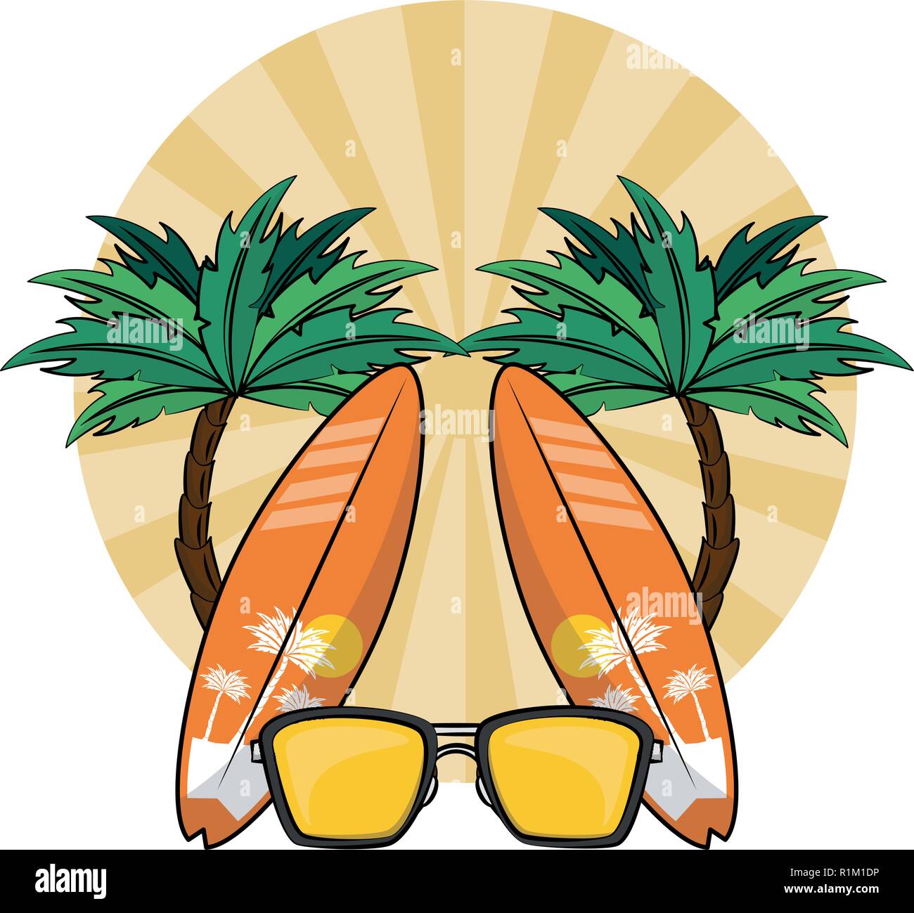 Sommer Strand Sonnenbrille und surfen Sie Tabellen mit Palmen cartoons Vector Illustration graphic design Stock Vektor