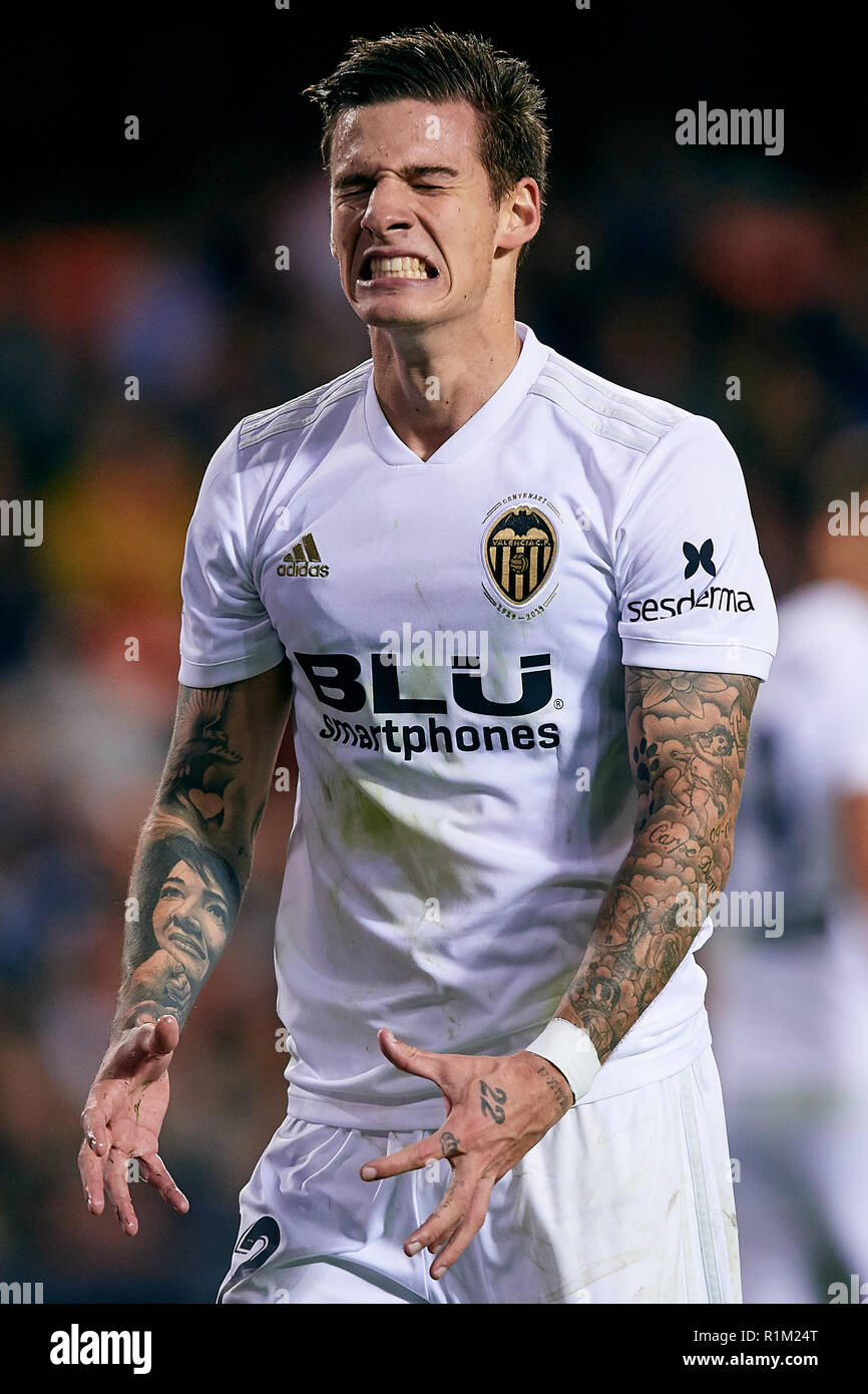 VALENCIA, Spanien - November 03: Santi Mina von Valencia CF reagiert während des La Liga Match zwischen Valencia CF und FC Girona im Estadio Mestalla am 3. November 2018 in Valencia, Spanien. (MB) Stockfoto