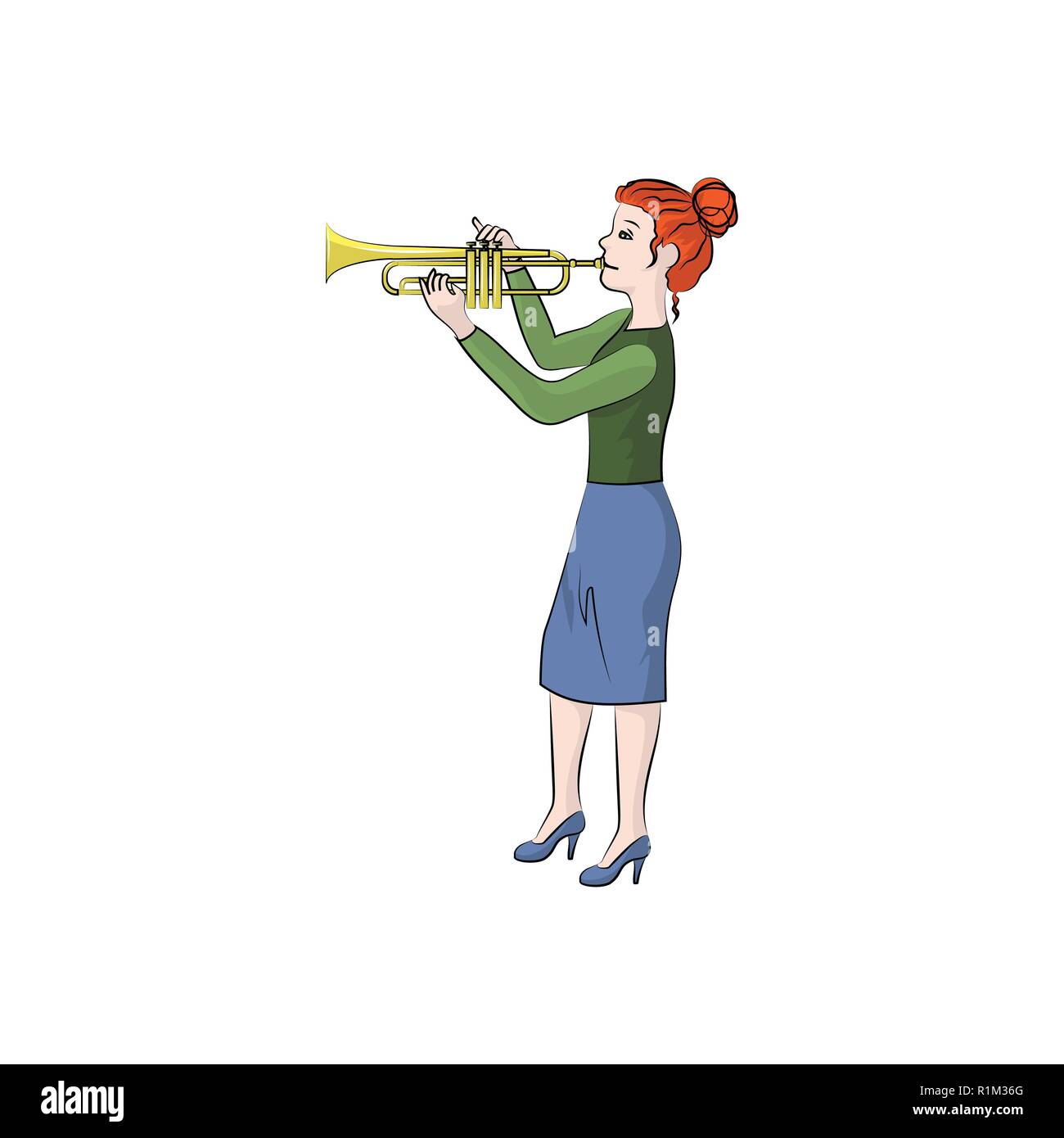 Das Mädchen (Frau) spielt die Trompete. Vector Farbe Abbildung: Stock Vektor