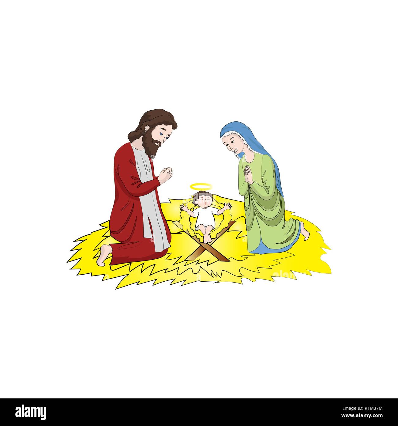 Maria und Josef in der Nähe der Baby Jesus Christus. Weihnachten. Vector Farbe Abbildung: Stock Vektor