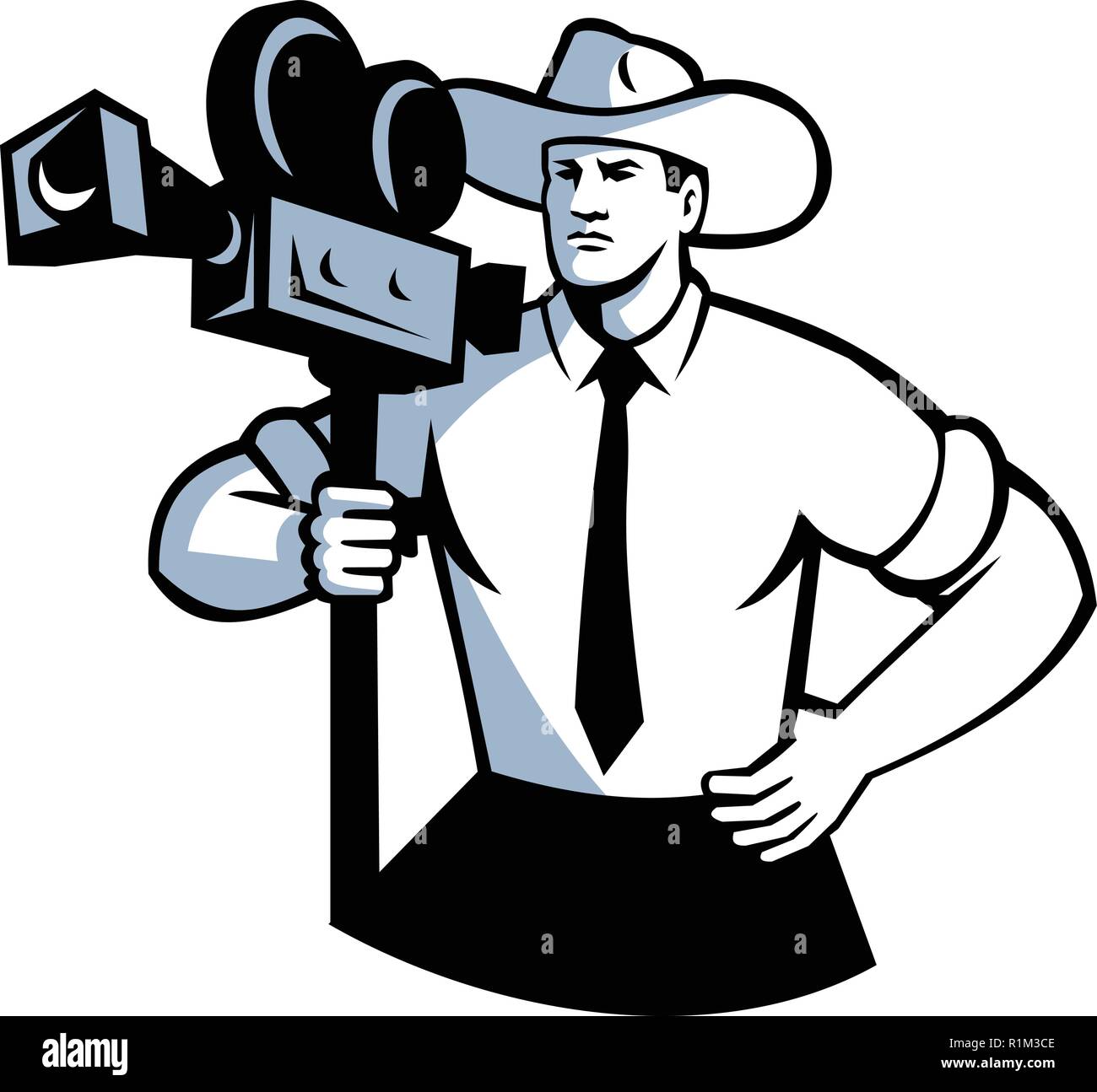 Retro Style Abbildung: ein Cowboy Kameramann Holding ein Vintage Film Kamera mit Hände auf Hüfte von vorne auf dem isolierten Hintergrund betrachtet. Stock Vektor