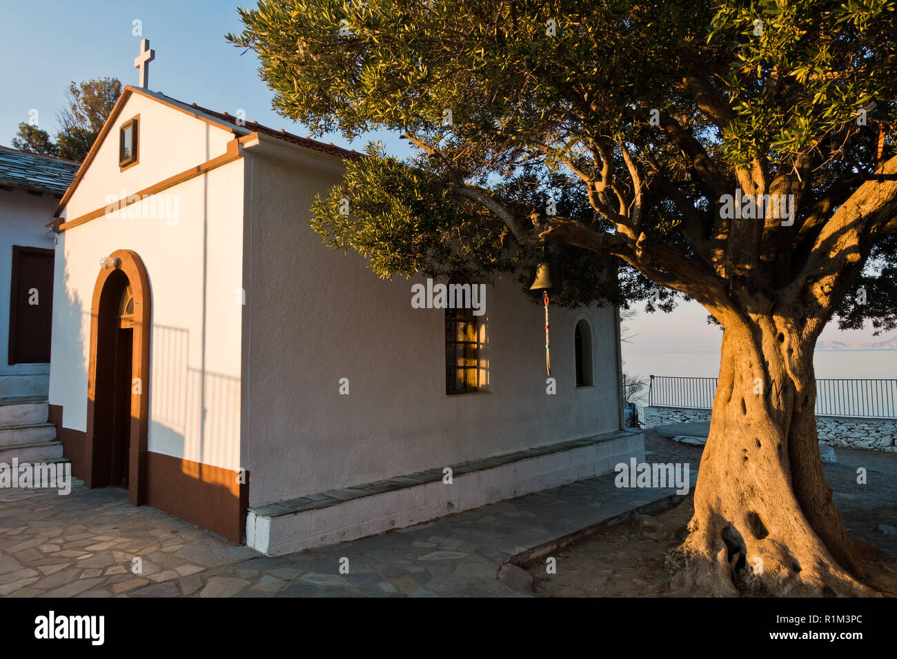 Olivenbaum und die Kirche des Agios Ioannis Kastri bei Sonnenuntergang, berühmten von Mamma Mia Filmszenen, Insel Skopelos, Griechenland Stockfoto