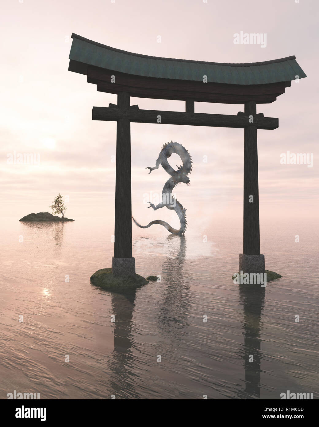 Oriental Dragon im Meer Nebel hinter einem Schrein Tor Stockfoto