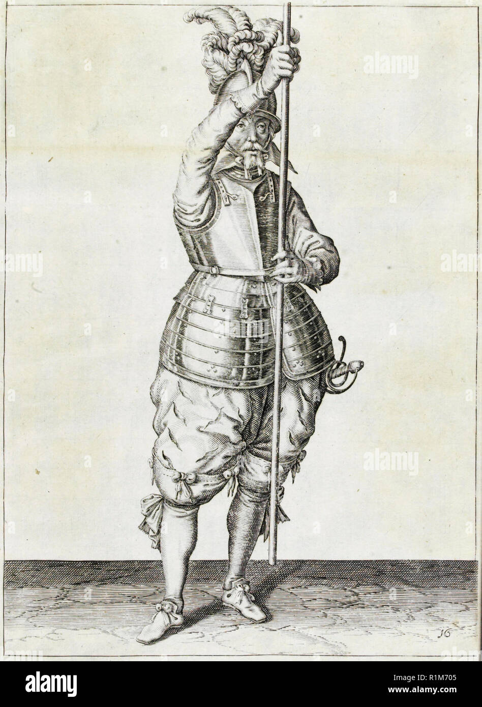 Pikeman, Illustration aus „The Handling of Arms, Arquebuses, Muskets and Pikes“, 1608 (Stich) von Jacob de Gheyn. Amsterdam, 1608 Stockfoto