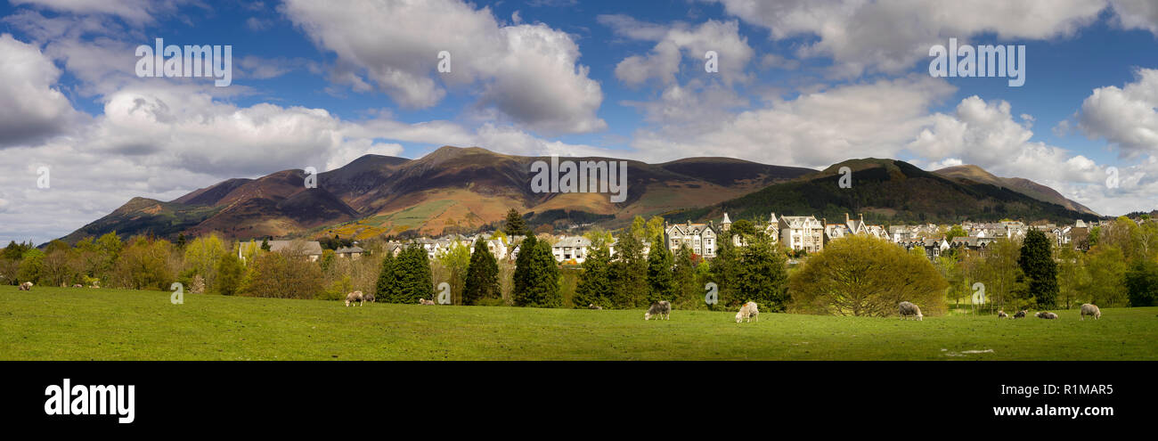 Das Skiddaw Palette von Fells oberhalb der Stadt Keswick mit Herdwick-schafe Beweidung in den Vordergrund steigt. Frühling, Lake District National Park UK. Stockfoto