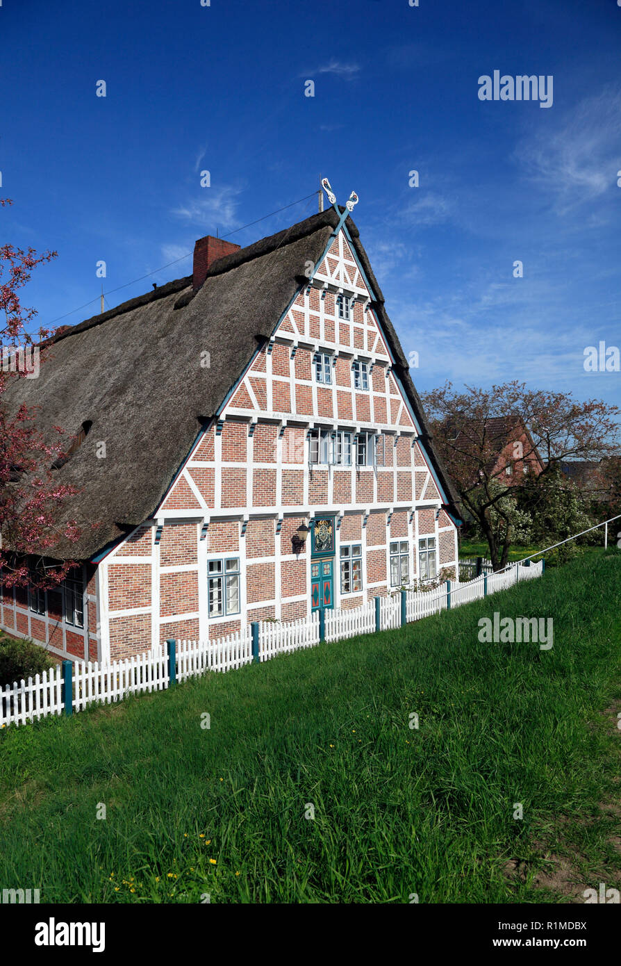 Altes Bauernhaus an der Este - Deich, Jork-Koenigreich, Altes Land, Niedersachsen, Deutschland, Europa Stockfoto