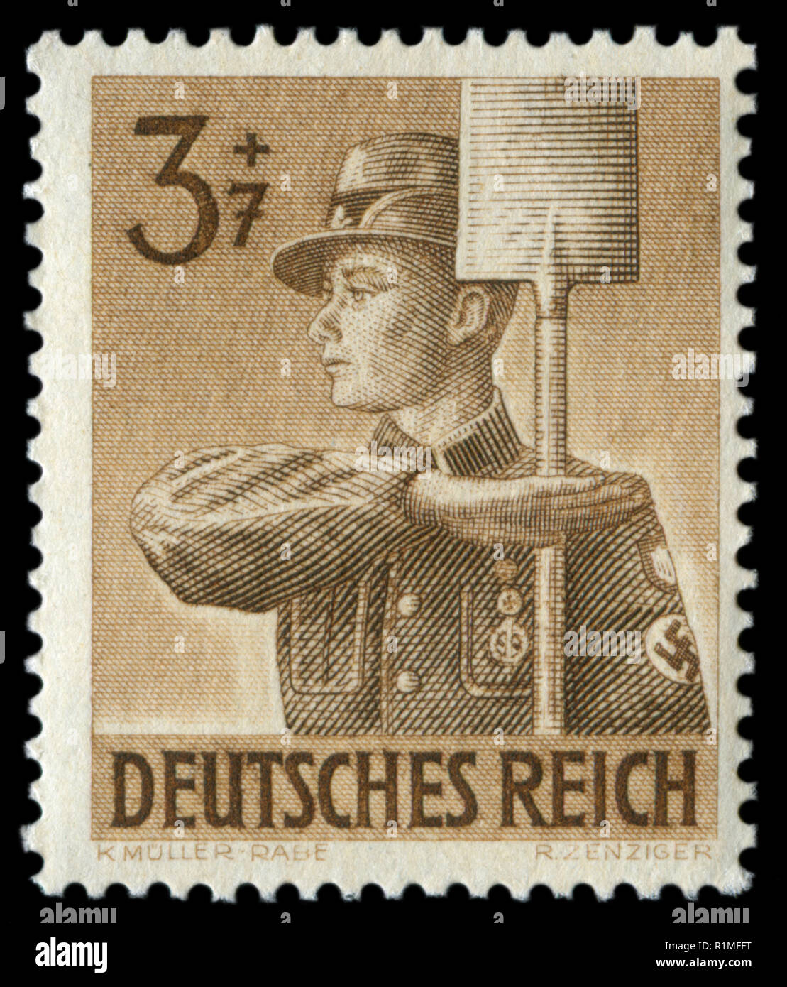 Deutschen Briefmarke: RAD-Mitarbeiter in den zeremoniellen Uniform, 8. Jahrestag des Kaiserlichen Arbeitsdienst, 1943, Deutschland, das Dritte Reich, ww2 Stockfoto
