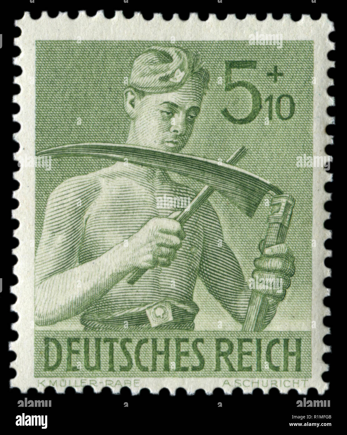 Deutschen Briefmarke: RAD Hilfe bei der Ernte, 8. Jahrestag des Kaiserlichen Arbeitsdienst, 1943, Deutschland, das Dritte Reich, ww2 Stockfoto