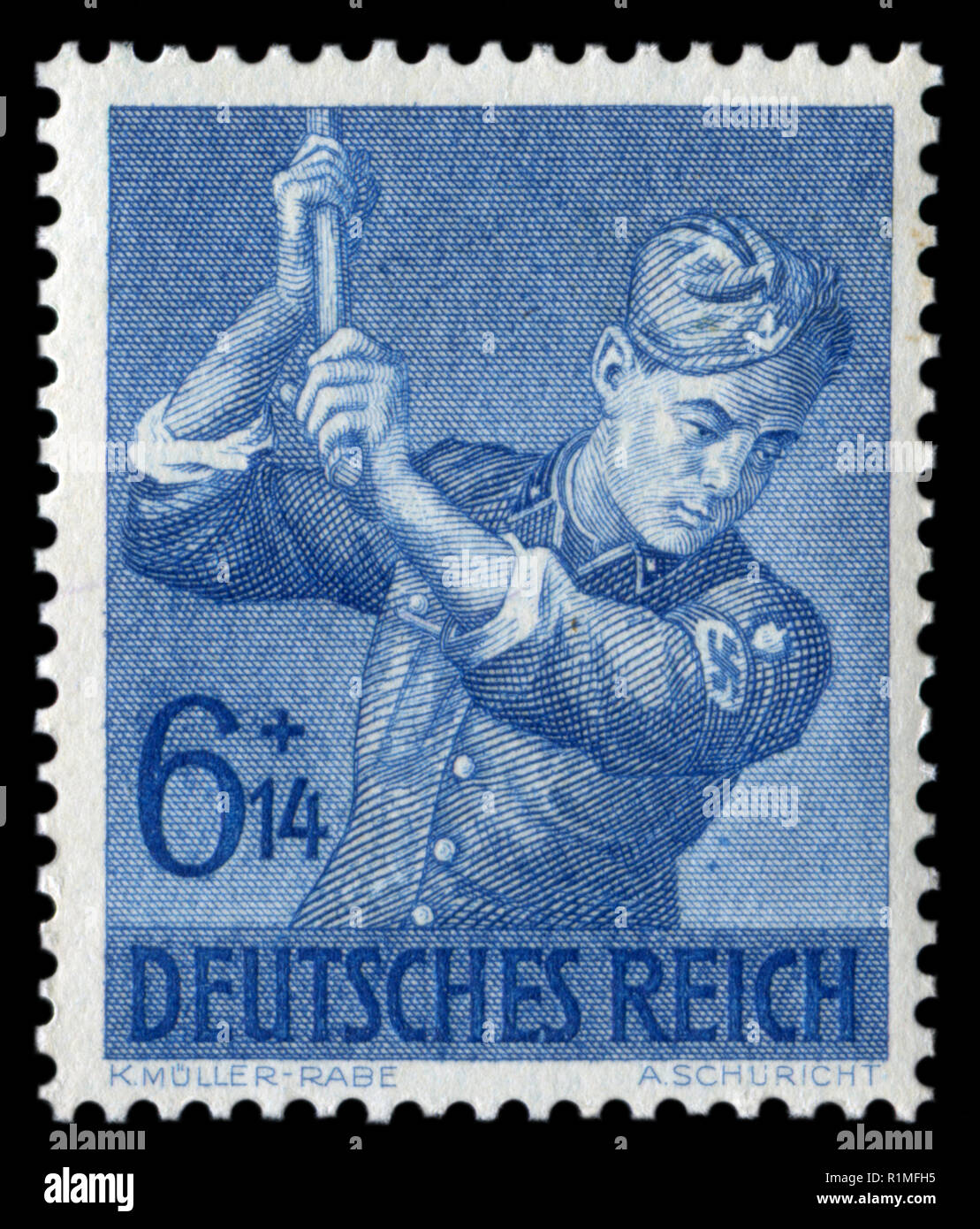 Deutschen Briefmarke: RAD, den Bau der Autobahn, 8. Jahrestag des Kaiserlichen Arbeitsdienst, 1943, Deutschland, das Dritte Reich, ww2 Stockfoto