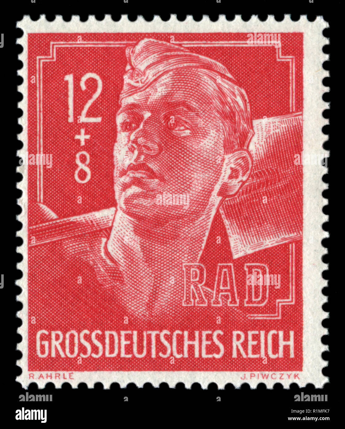 Deutschen Briefmarke: RAD service Arbeiter in Uniform mit einer Schaufel auf seinen Schultern, Fair Labor Brigaden, 1944, Deutschland, das Dritte Reich, ww2 Stockfoto