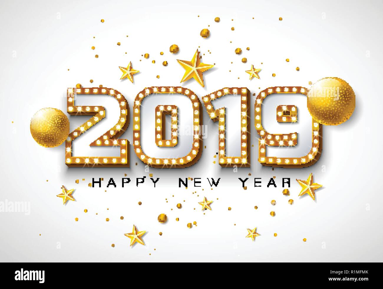 2019 Frohes Neues Jahr Abbildung mit 3DTypografie, Schrift und