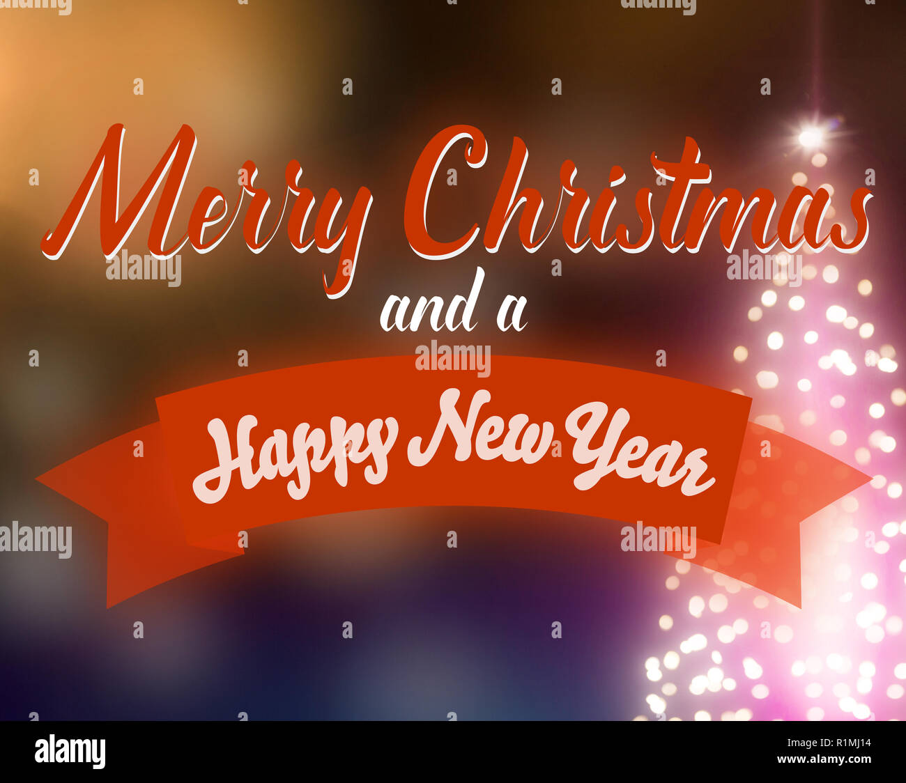 Weihnachten bokeh Grußkarte mit beleuchteten Weihnachtsbaum Stockfoto