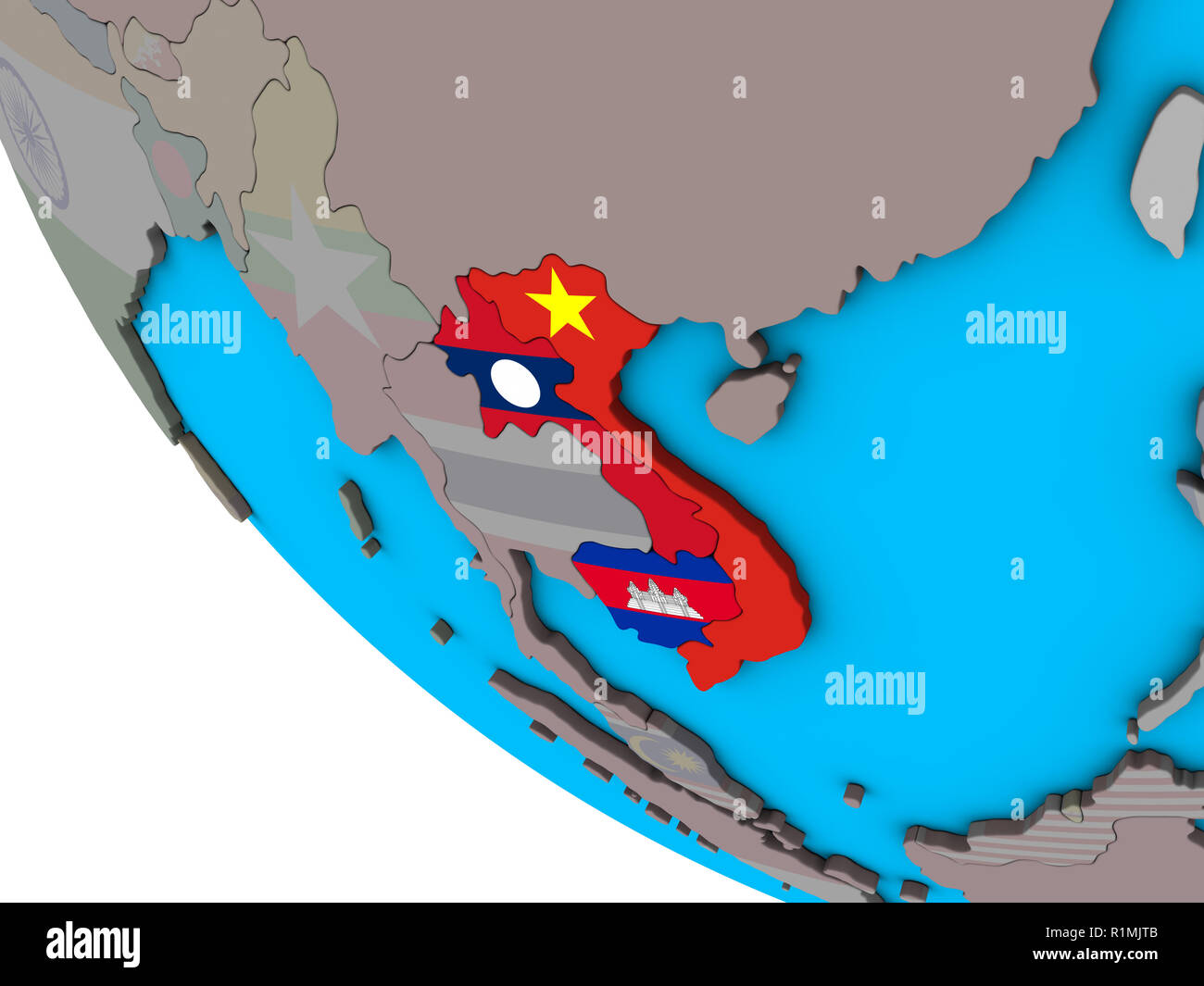 Indochina mit integrierten nationalen Flaggen auf einfache 3D-Globus. 3D-Darstellung. Stockfoto