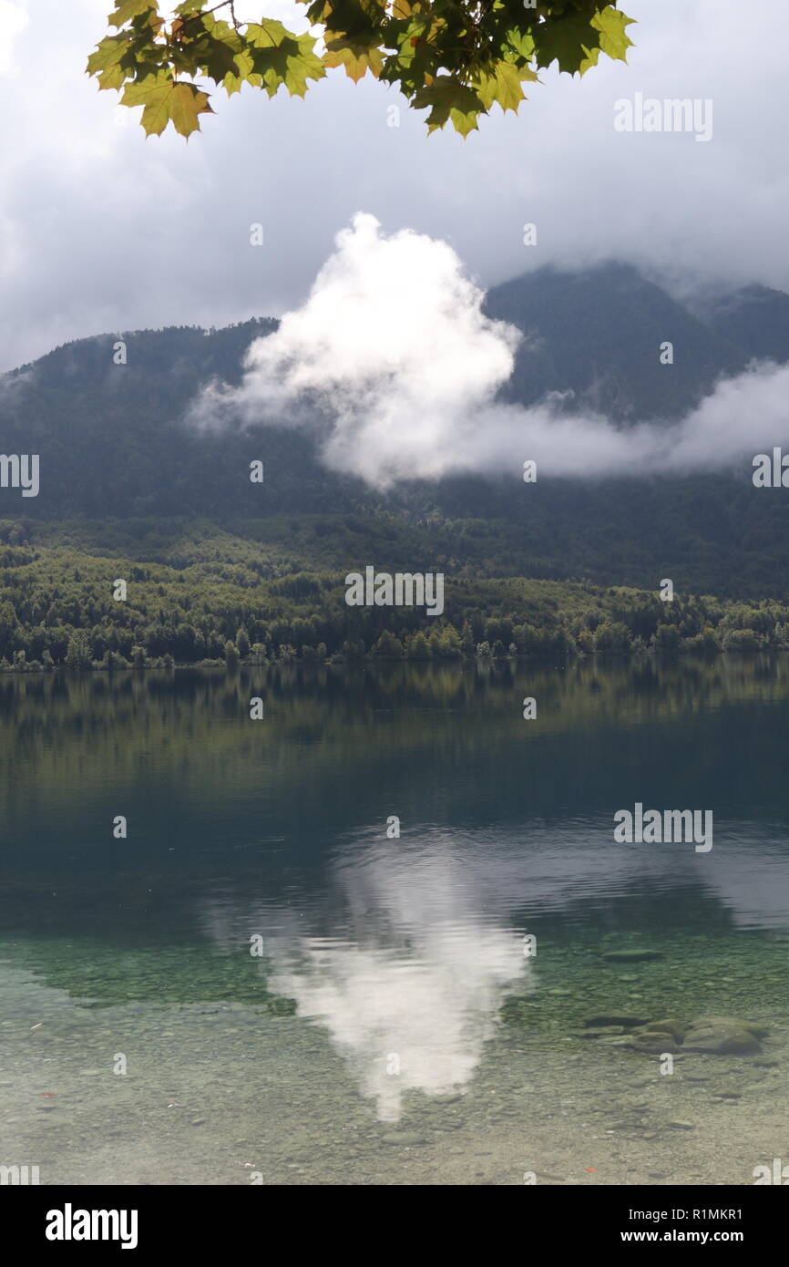 Eine einzelne kleine Wolke mit Wasser Reflexion, See Bohinjsko jezero, Bohinj, Slowenien, Europa Stockfoto