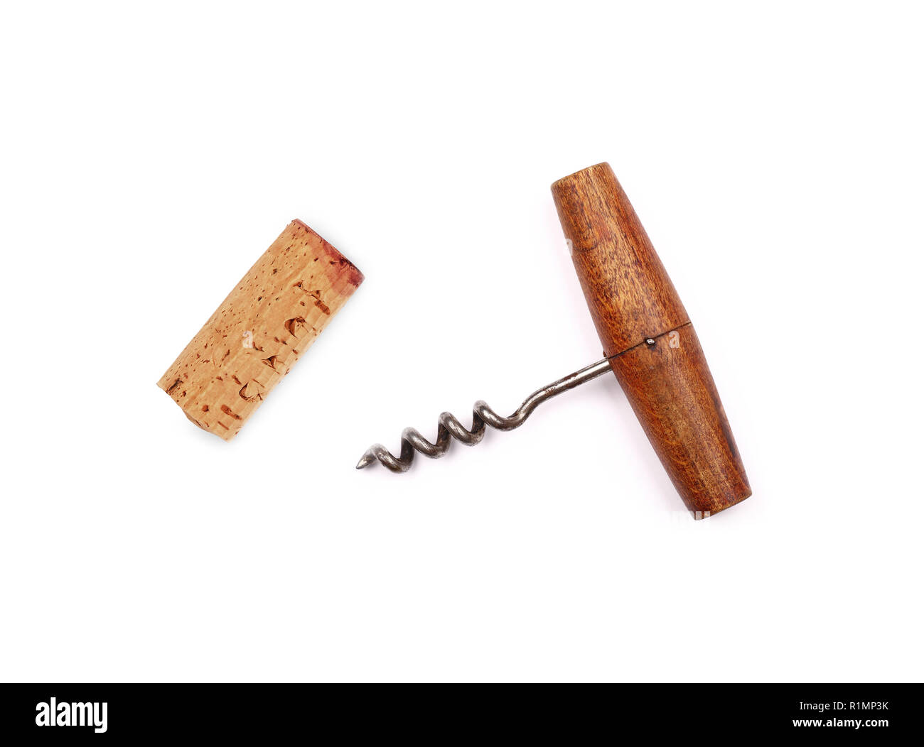 Eine alte vintage Holz Korkenzieher Flaschenöffner und Rotwein Cork auf weißem Hintergrund, erhöhte Ansicht von oben, direkt über Stockfoto