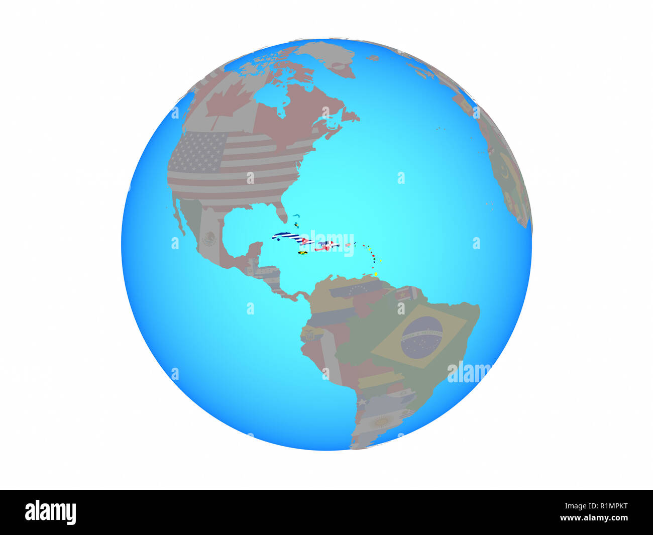 Karibik mit nationalen Flaggen auf Blau politische Welt. 3D-Abbildung auf weißem Hintergrund. Stockfoto
