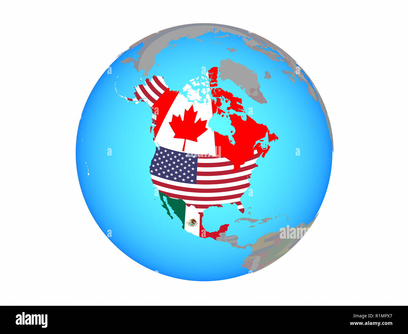 NAFTA-Mitglied staaten mit nationalen Flaggen auf Blau politische Welt. 3D-Abbildung auf weißem Hintergrund. Stockfoto