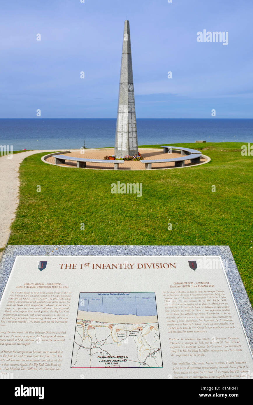 Denkmal 1 US Infanterie Division Denkmal am Omaha Beach, Colleville-sur-Mer, Calvados, Normandie, Frankreich Stockfoto