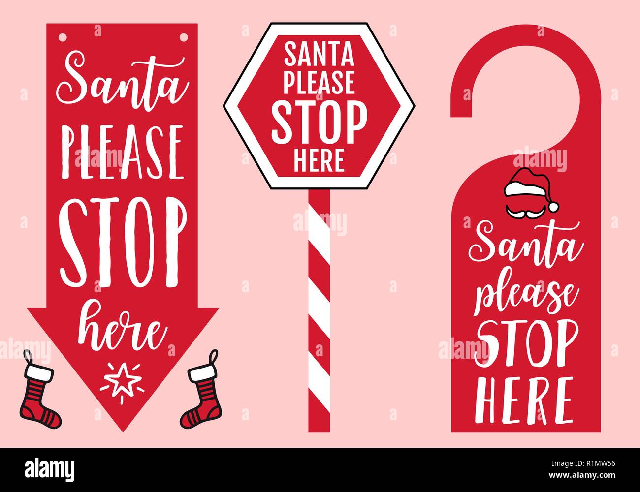 Santa Bitte halten Sie hier unterzeichnen, Schild, Mütze und Socken, vektor design elemente für Weihnachtskarten Stock Vektor