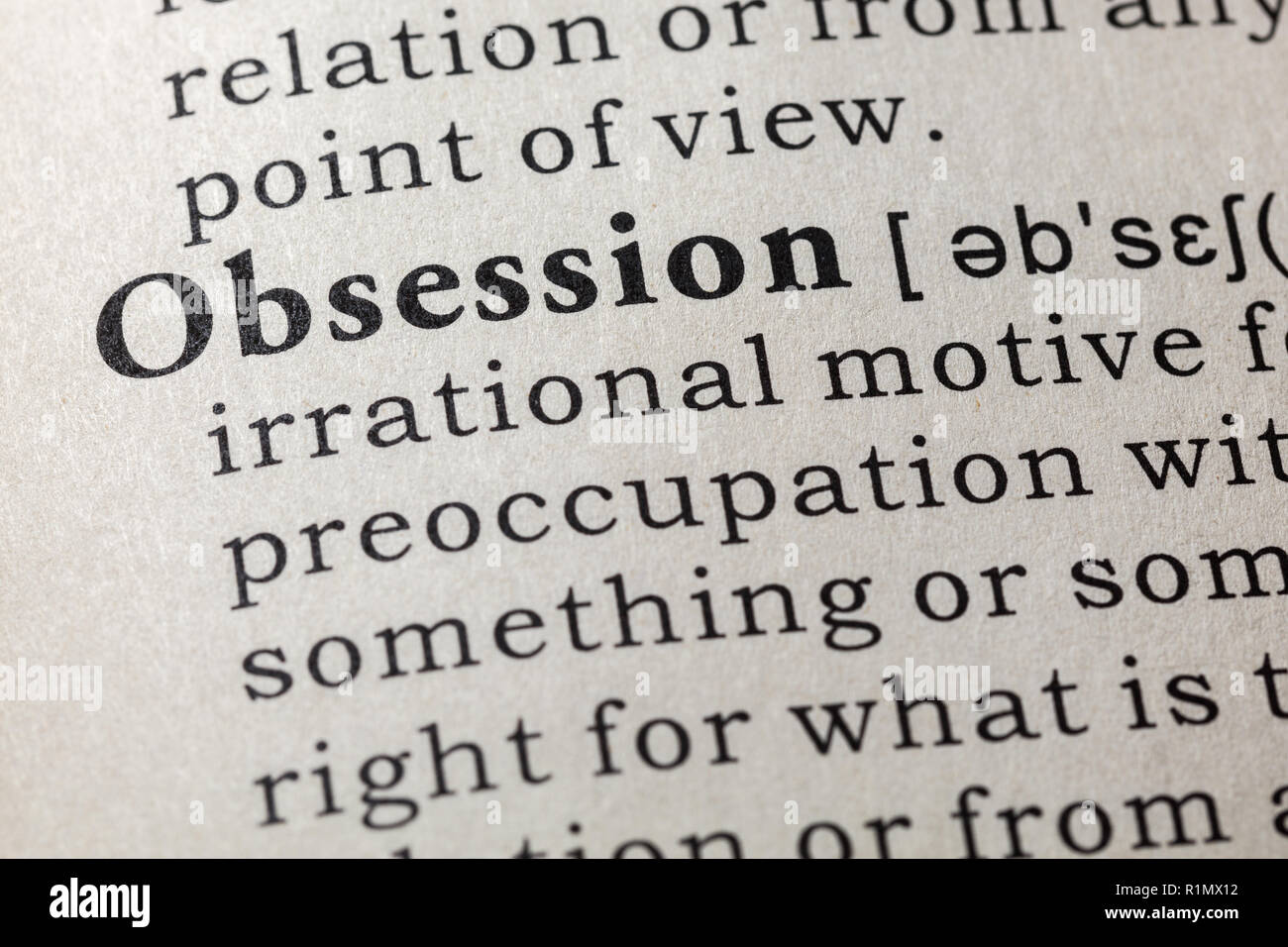Fake Wörterbuch, Wörterbuch Definition des Wortes Obsession. Einschließlich der wichtigsten beschreibende Wörter. Stockfoto