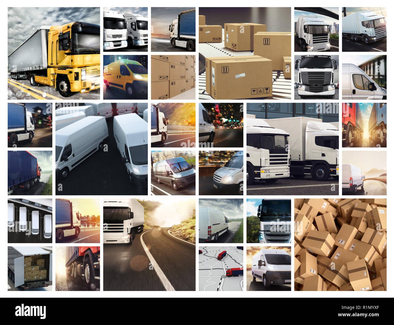 Collage Komposition mit Transporter und Lastwagen. Konzept der Transport und Logistik Stockfoto