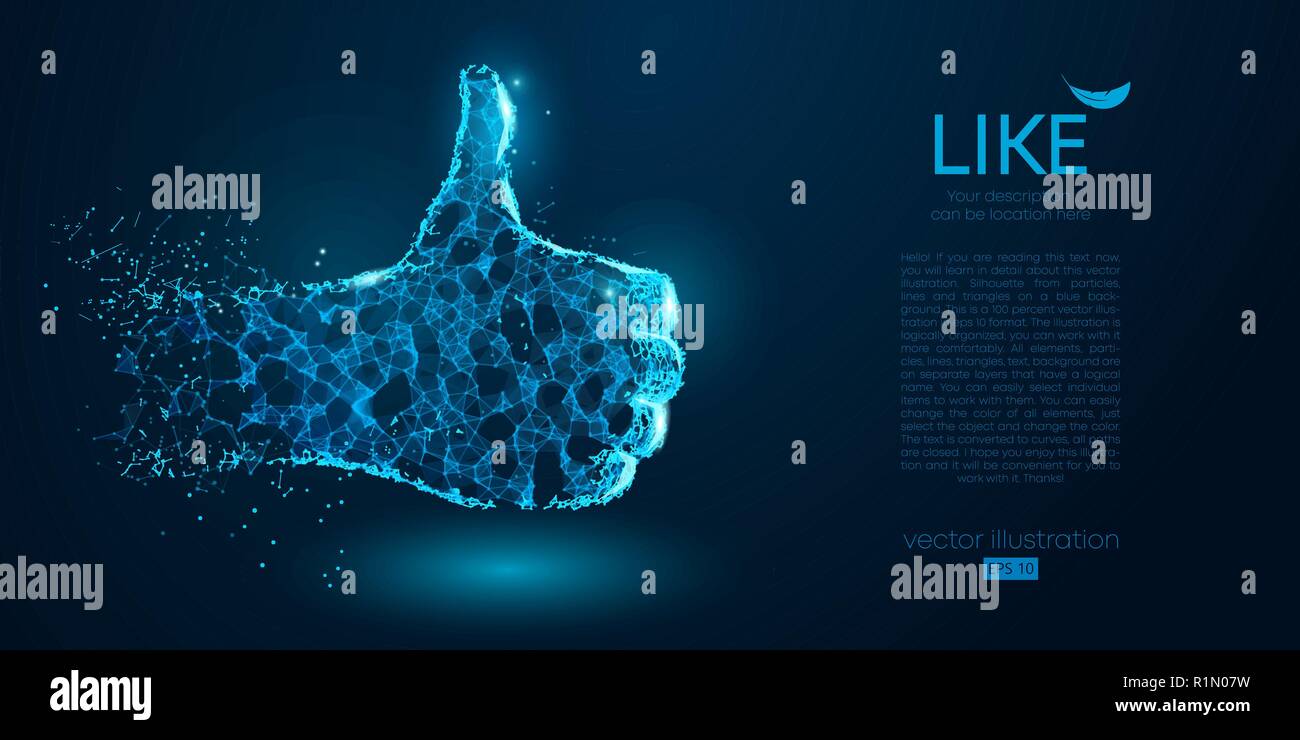Abstrakte Silhouette der Hand wie von Teilchen, Linien und Dreiecken auf blauem Hintergrund. Elemente auf einem separaten Schichten Farbe kann mit einem Klick an Andere geändert werden. Vector Illustration Stock Vektor