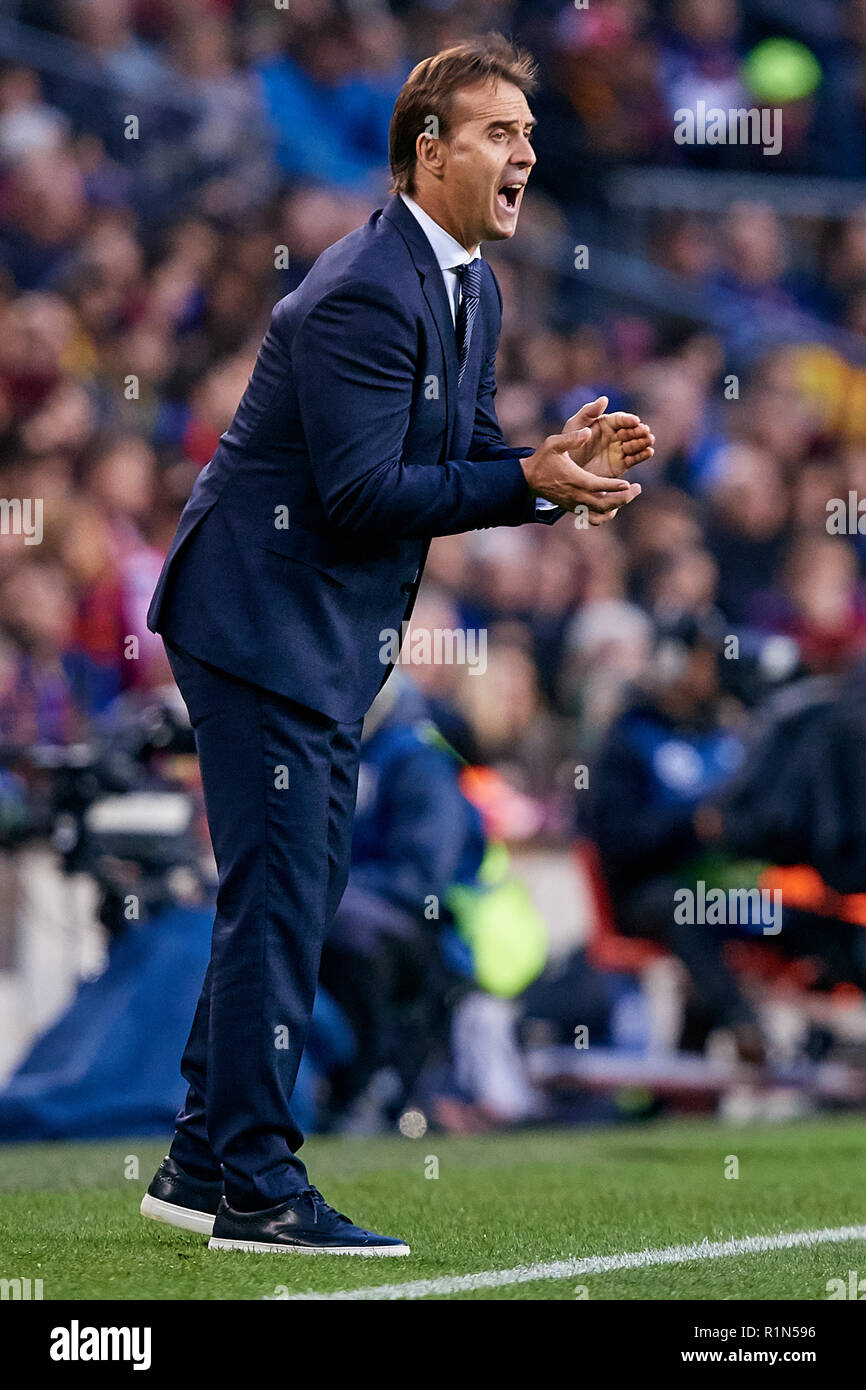 BARCELONA, SPANIEN - 28. Oktober: Julen Lopetegui Head Coach von Real Madrid CF reagiert während des La Liga Match zwischen dem FC Barcelona und Real Madrid CF im Camp Nou am 28. Oktober in Barcelona, Spanien 2018. David Aliaga/MB Media Stockfoto