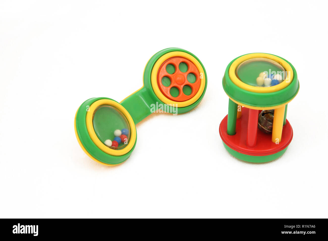 Bunte Baby Rasseln Stockfoto