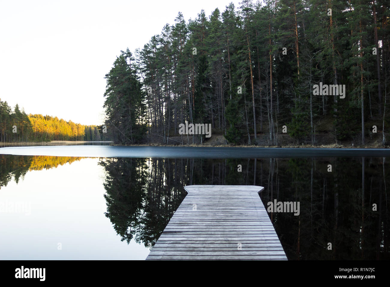 Der frühe Frühling Abend mit der Fußgängerbrücke auf der Seite des Sees, mit dem Wald im Hintergrund Stockfoto