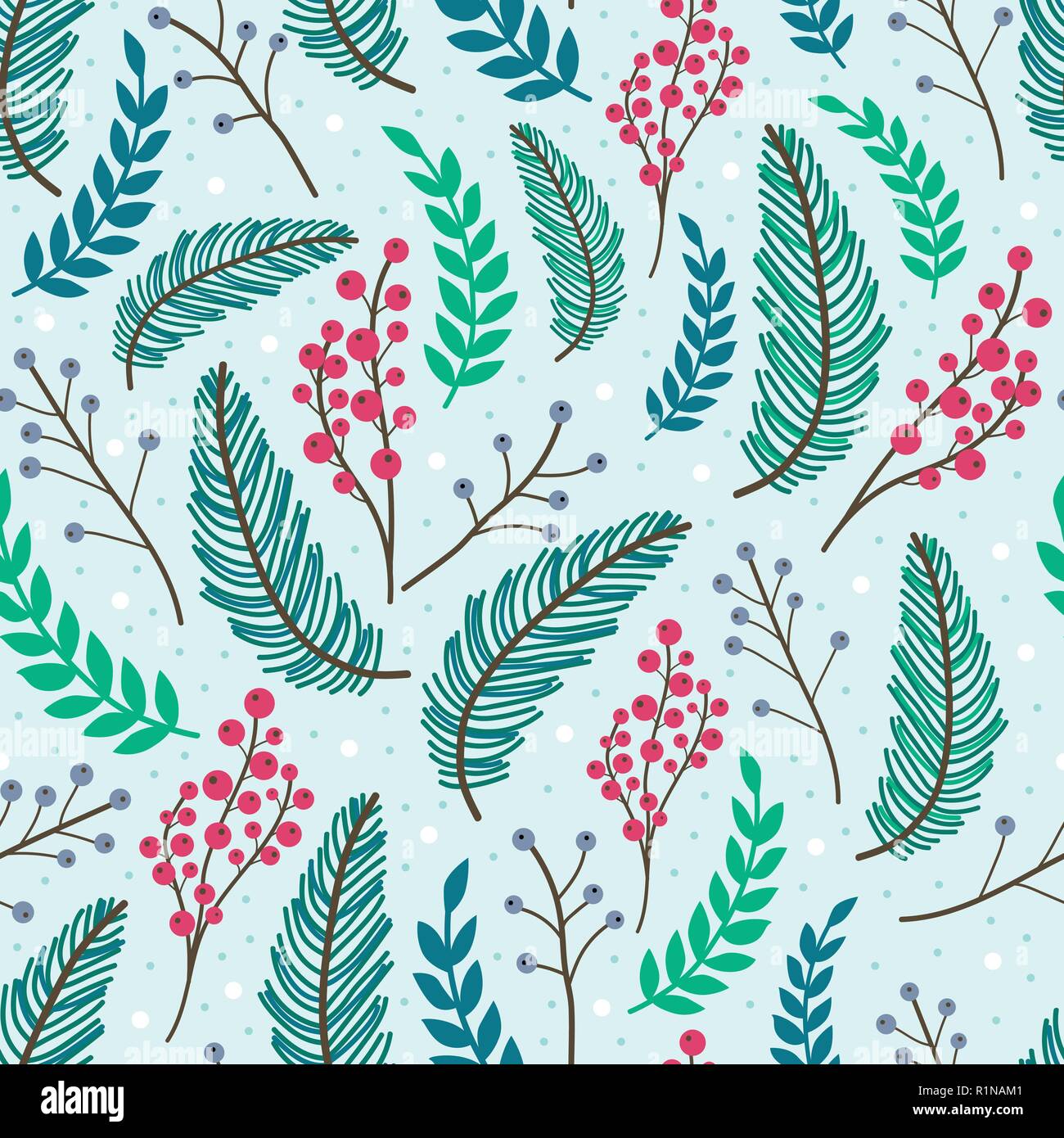 Whimsical, sich wiederholendes Muster. Weihnachten und Winter Thema. Pflanzen, Beeren und Blätter. Hand gezeichneten Stil. Stock Vektor