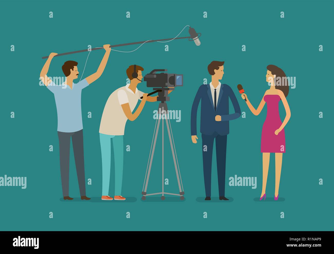 Reportage, Fernsehen Konzept. Crew oder Journalist Interview. Cartoon Vector Illustration Stock Vektor