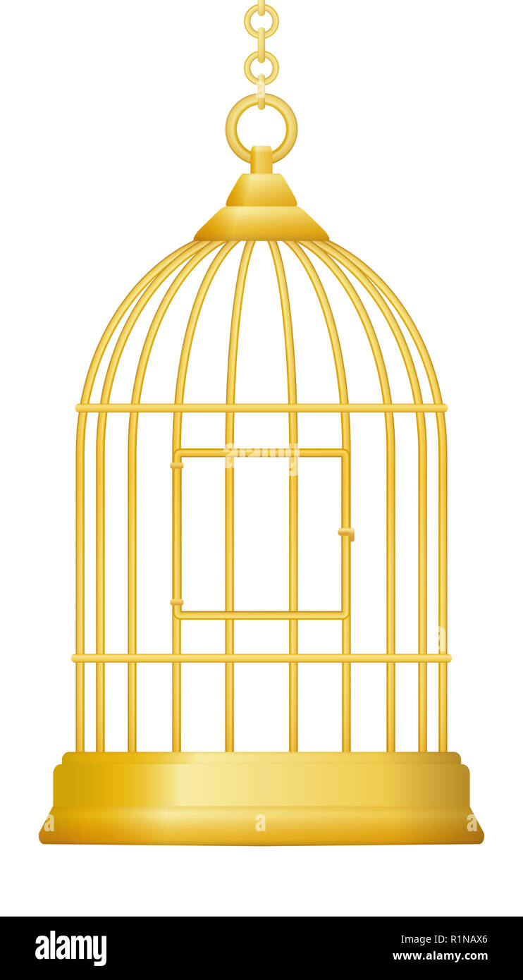 Goldenen Käfig. Symbol für Luxus und Reichtum gefangen gehalten wird, aber ohne Freiheit - Abbildung auf weißen Hintergrund. Stockfoto