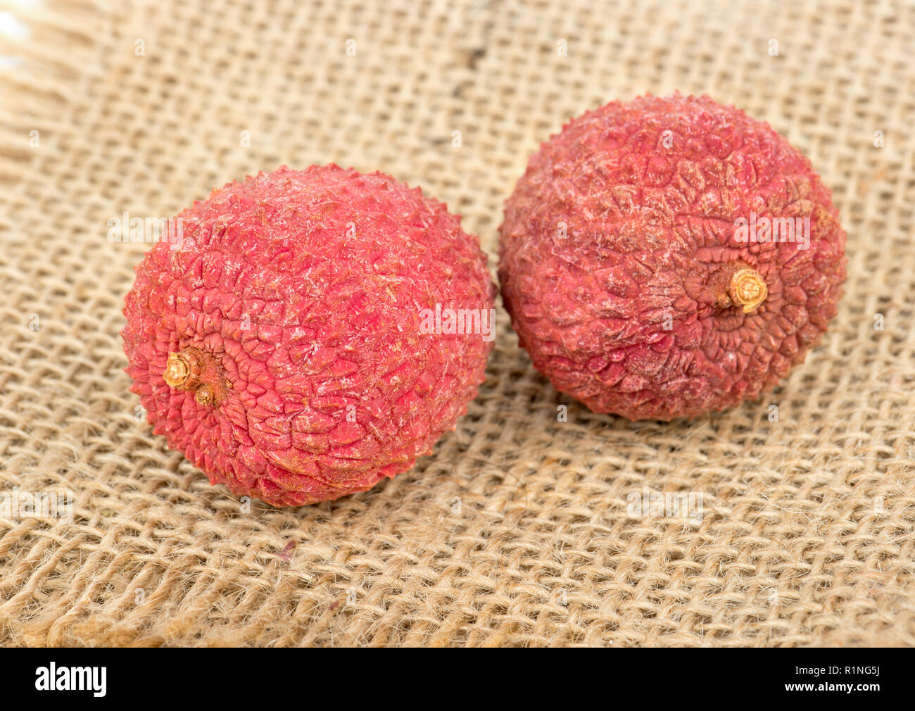 Zwei reife Frucht von Lychee in der Shell einen Sack Nahaufnahme Stockfoto