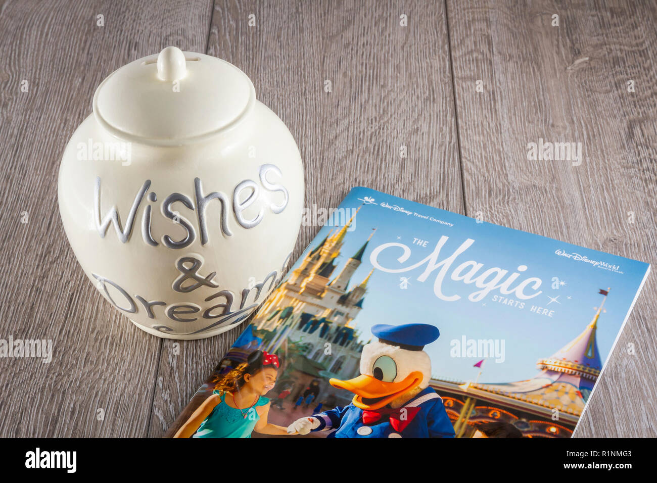 Einsparungen Glas mit einem Walt Disney World Travel Broschüre Stockfoto