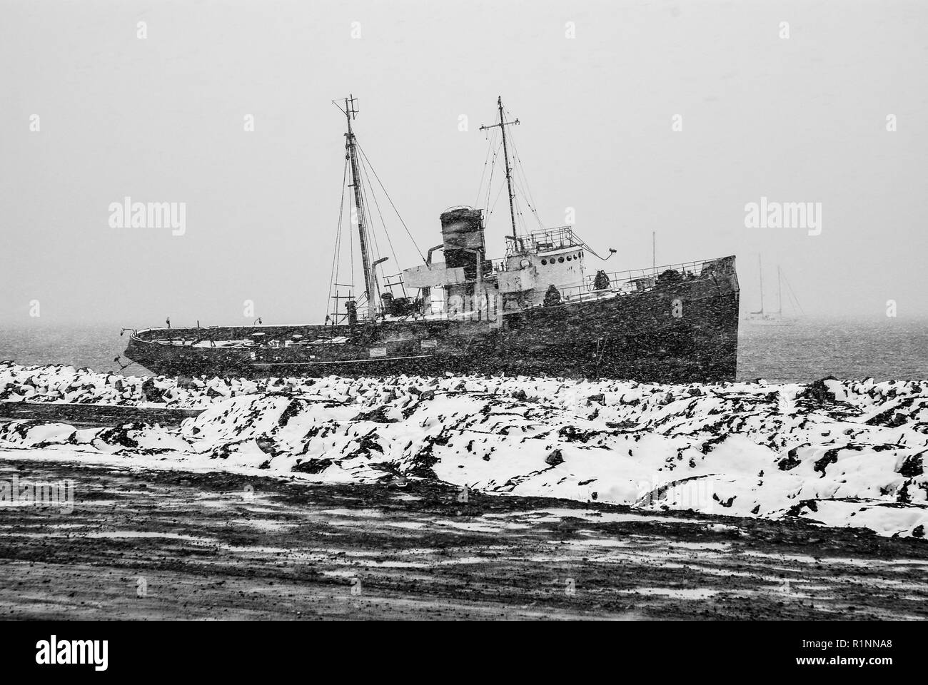 Wrack unter einem Schneefall in Ushuaia Stockfoto