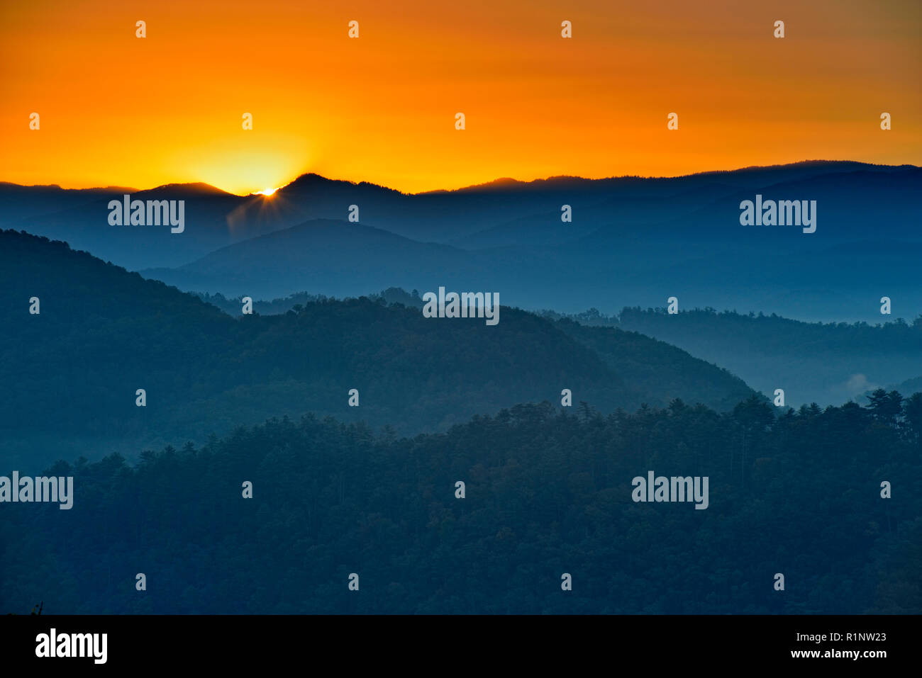 Sonnenaufgang über den Smokies Ausläufern der Foothills Parkway, Townsend, Tennessee, USA Stockfoto