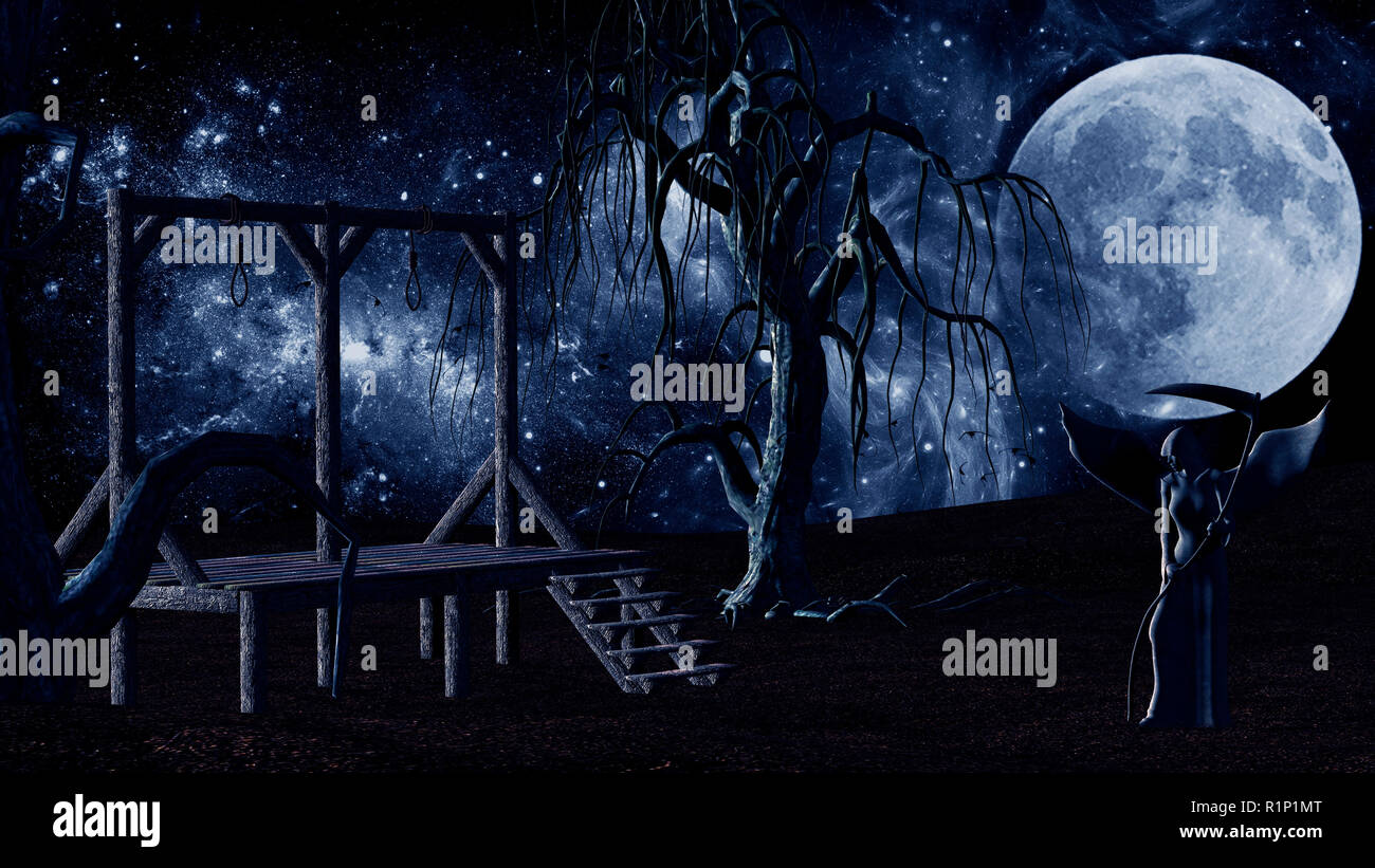 Engel des Todes - Spooky Hintergrund mit Galgen und Krähen in der Nacht mit creepy Bäume - 3D-Rendering Stockfoto